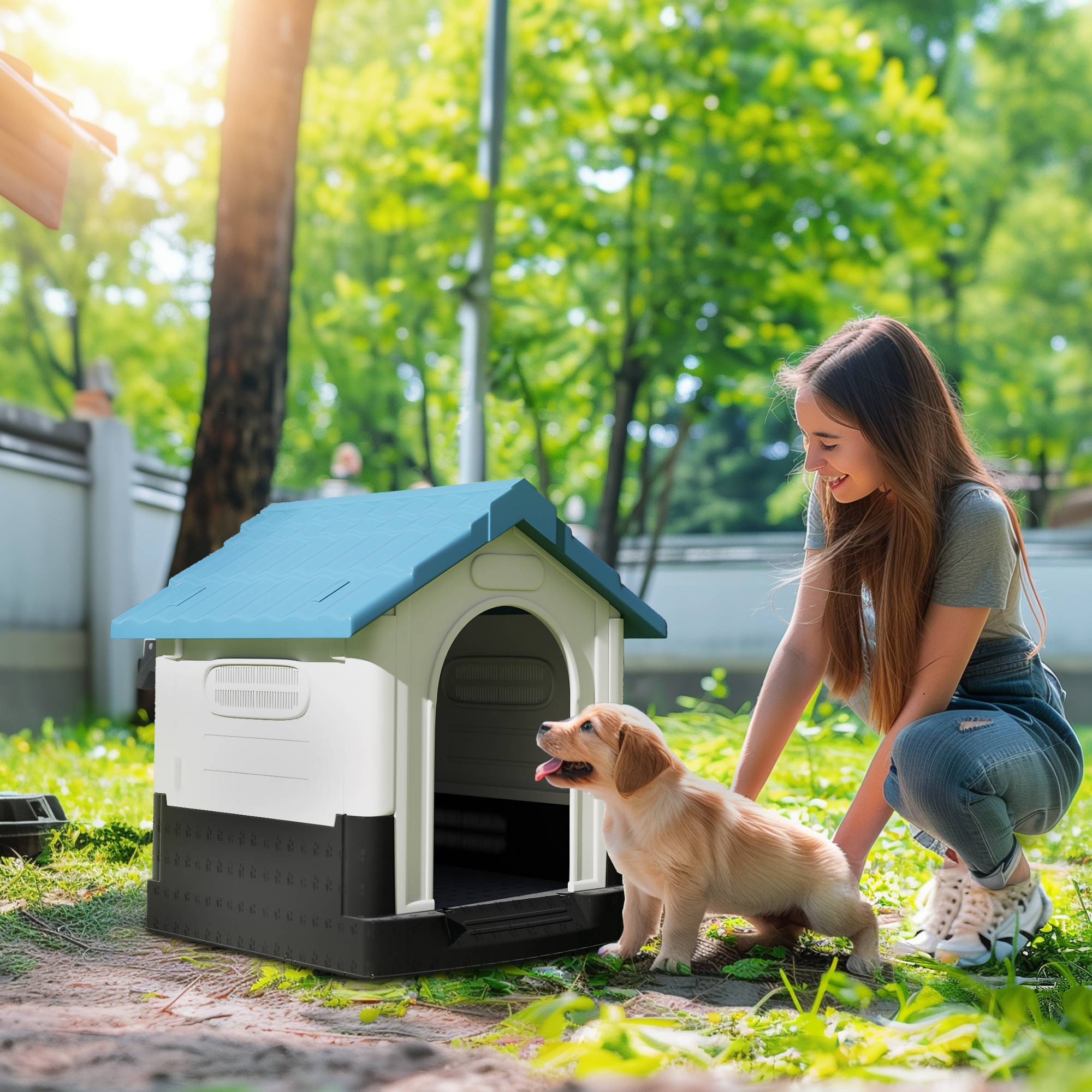 Niche d'extérieur en plastique pour petits chiens, avec fenêtres et fond surélevé, 64,5 x 57 x 66 cm, bleue - Image 3