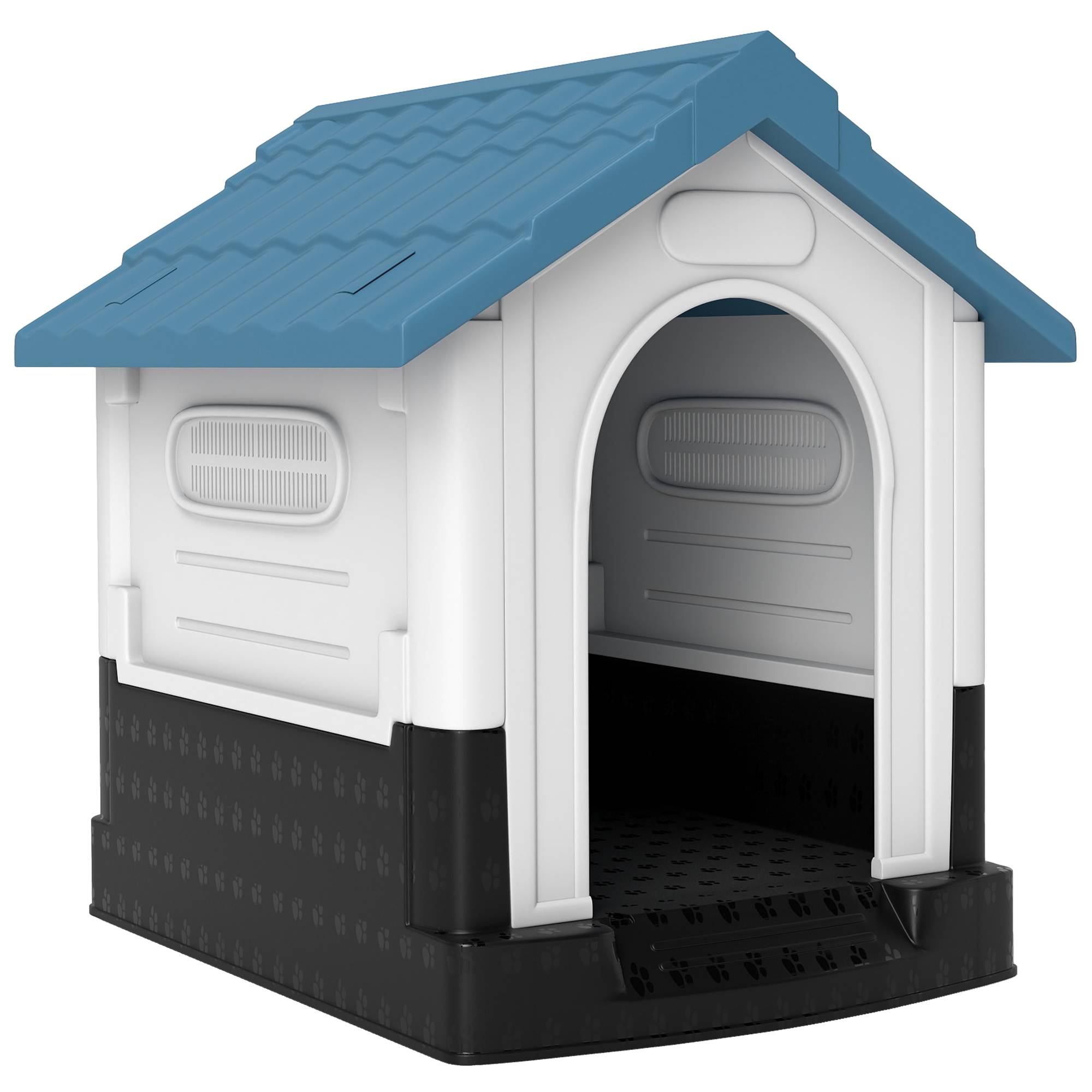 Niche d'extérieur en plastique pour petits chiens, avec fenêtres et fond surélevé, 64,5 x 57 x 66 cm, bleue - Image 1