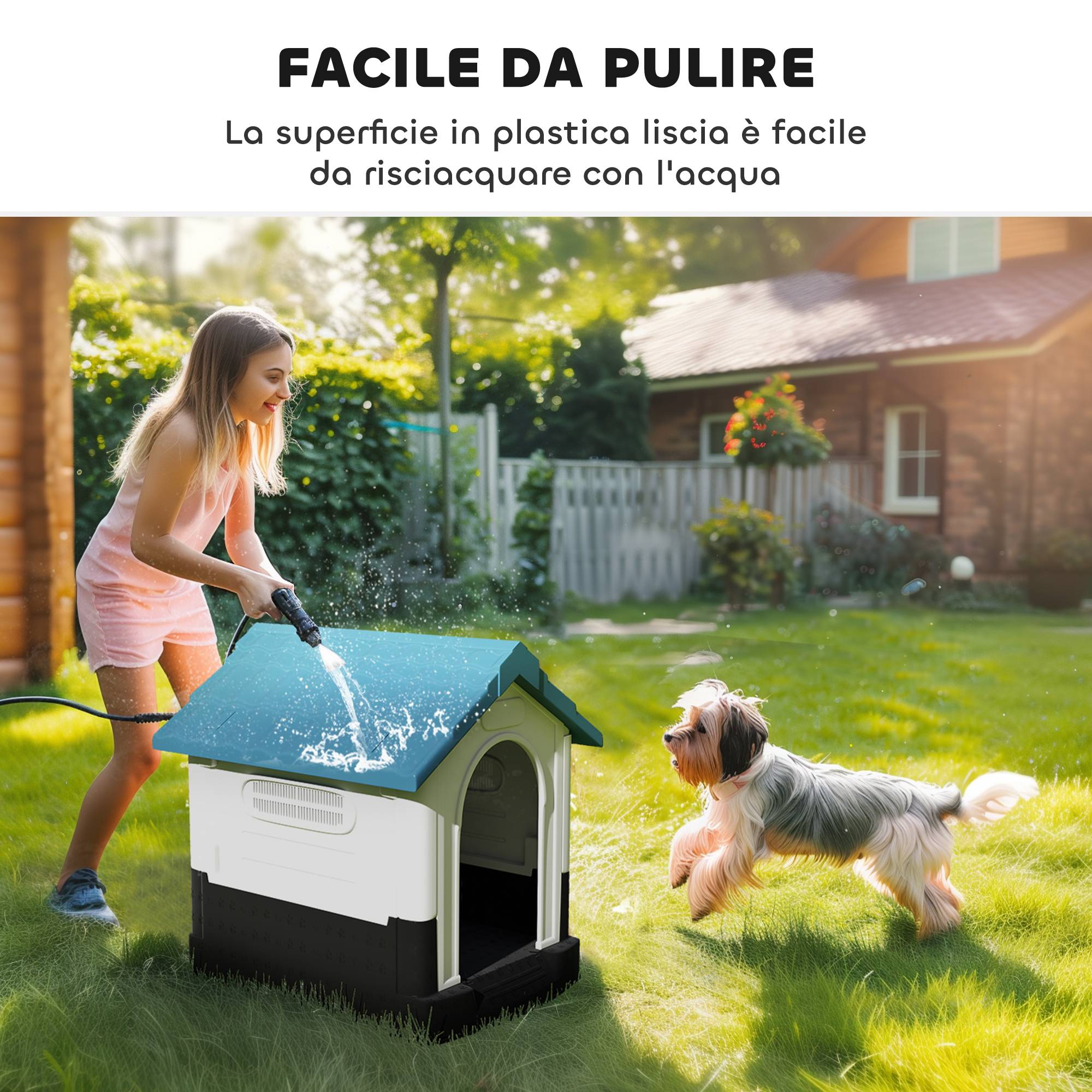 Niche d'extérieur en plastique pour petits chiens, avec fenêtres et fond surélevé, 64,5 x 57 x 66 cm, bleue - Image 7