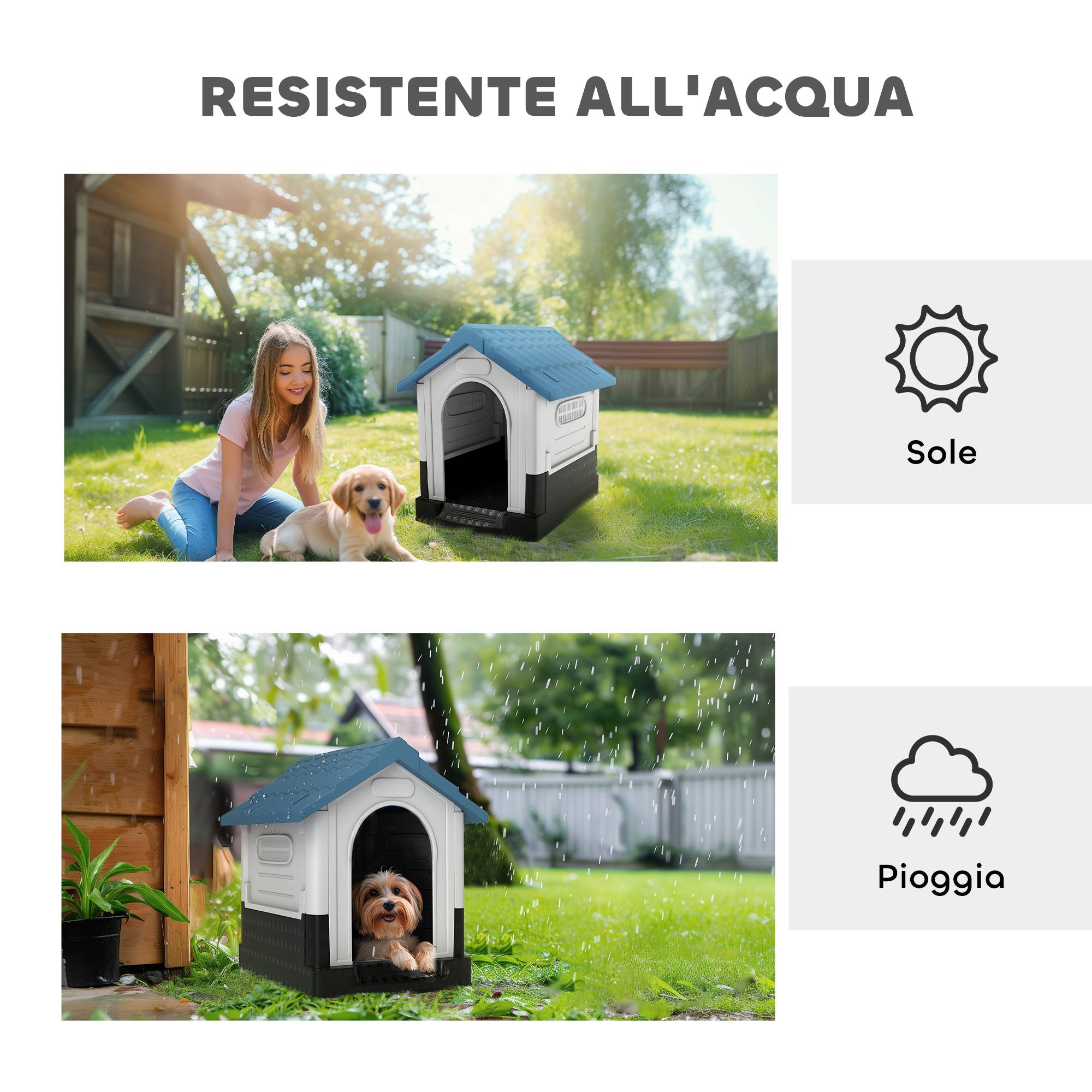 Niche d'extérieur en plastique pour petits chiens, avec fenêtres et fond surélevé, 64,5 x 57 x 66 cm, bleue - Image 8