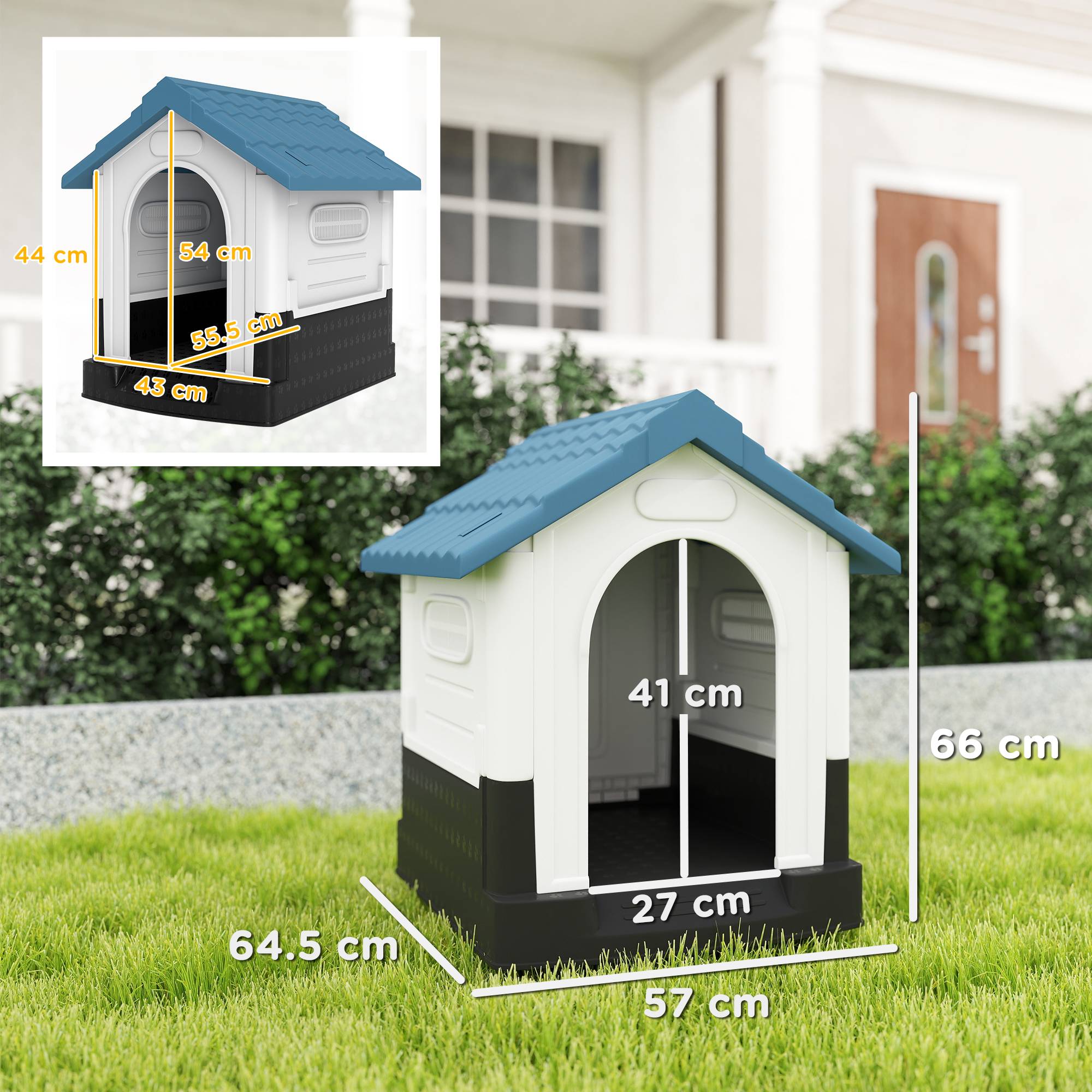 Niche d'extérieur en plastique pour petits chiens, avec fenêtres et fond surélevé, 64,5 x 57 x 66 cm, bleue - Image 5