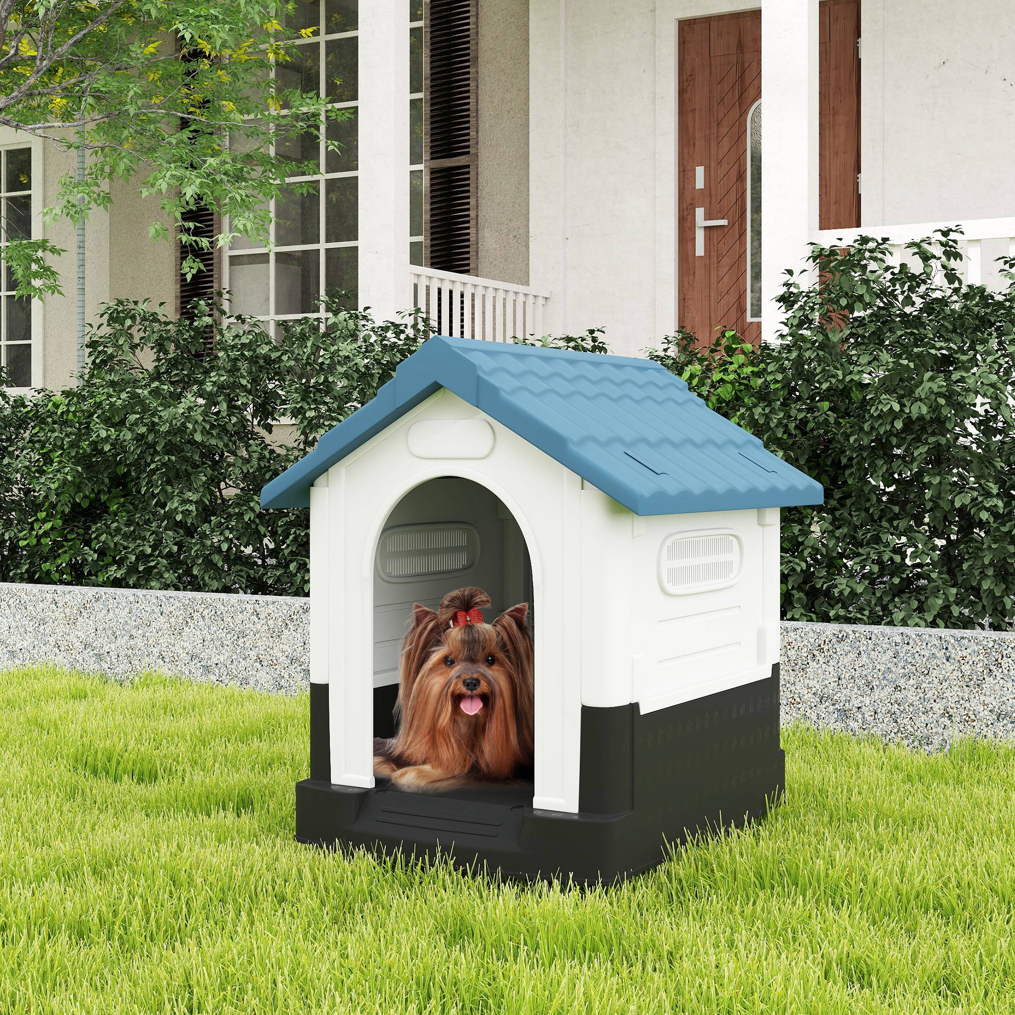 Niche d'extérieur en plastique pour petits chiens, avec fenêtres et fond surélevé, 64,5 x 57 x 66 cm, bleue - Image 4