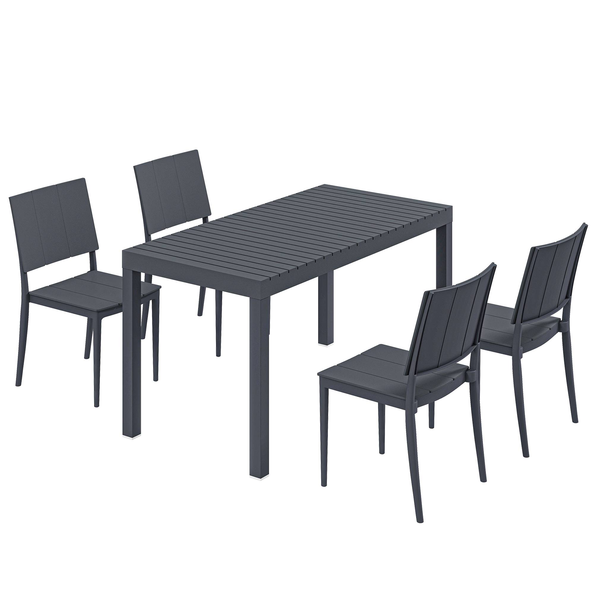 ComfortXL - Salon de jardin 5 pièces métal gris foncé table 141,5 cm 4 chaises empilables terrasse balcon gain de place - Image 10