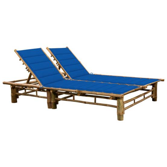Transat chaise longue bain de soleil lit de jardin terrasse meuble d'extérieur pour 2 personnes avec coussins bambou - Image 1