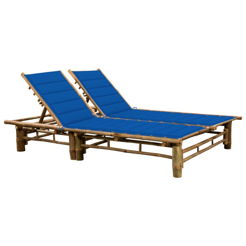 Transat chaise longue bain de soleil lit de jardin terrasse meuble d'extérieur pour 2 personnes avec coussins bambou - Image 1