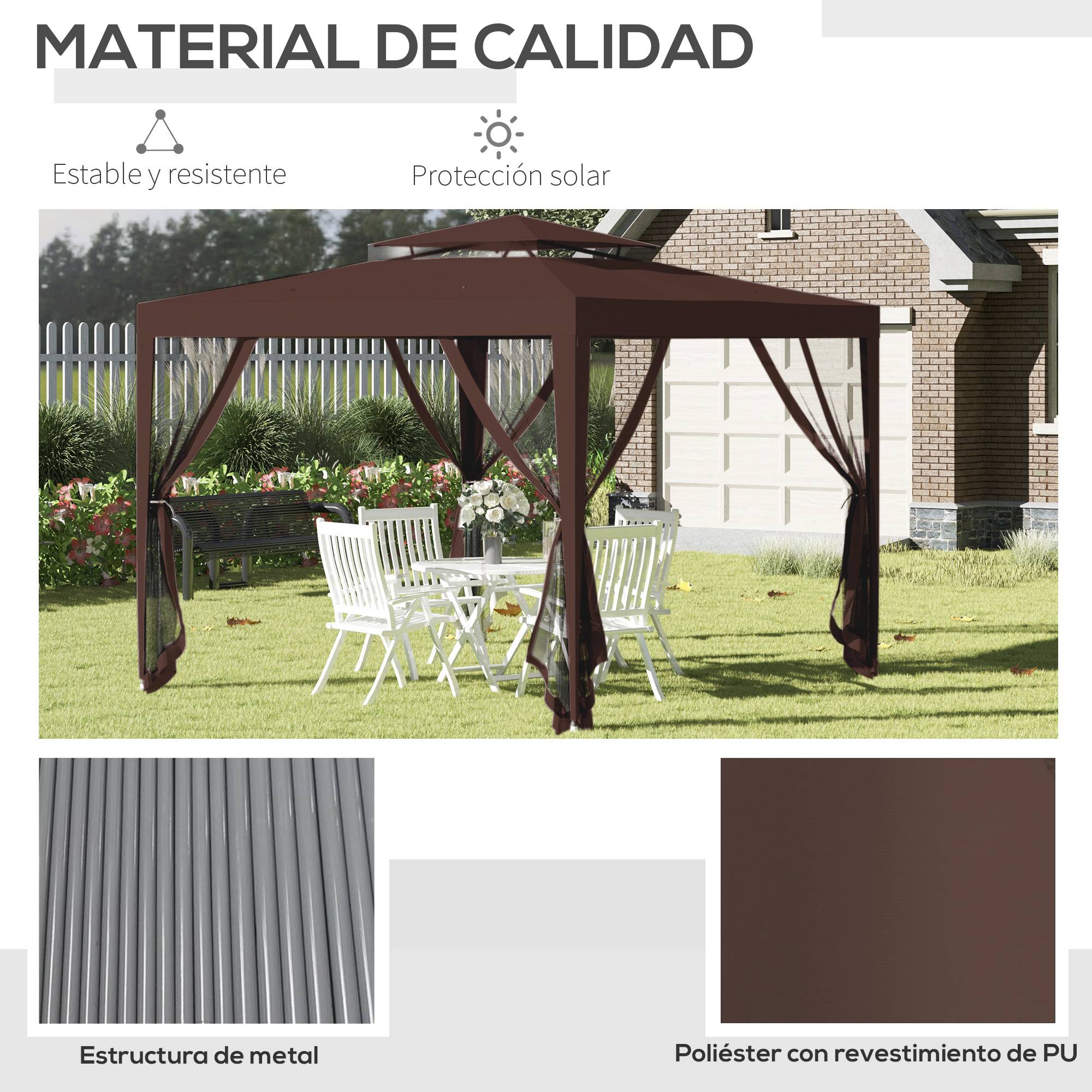 Tonnelle de Jardin 3x3m Acier avec 4 Moustiquaires Double Toit pour Terrasse Marron - ComfortXL Outdoor Living - Image 7