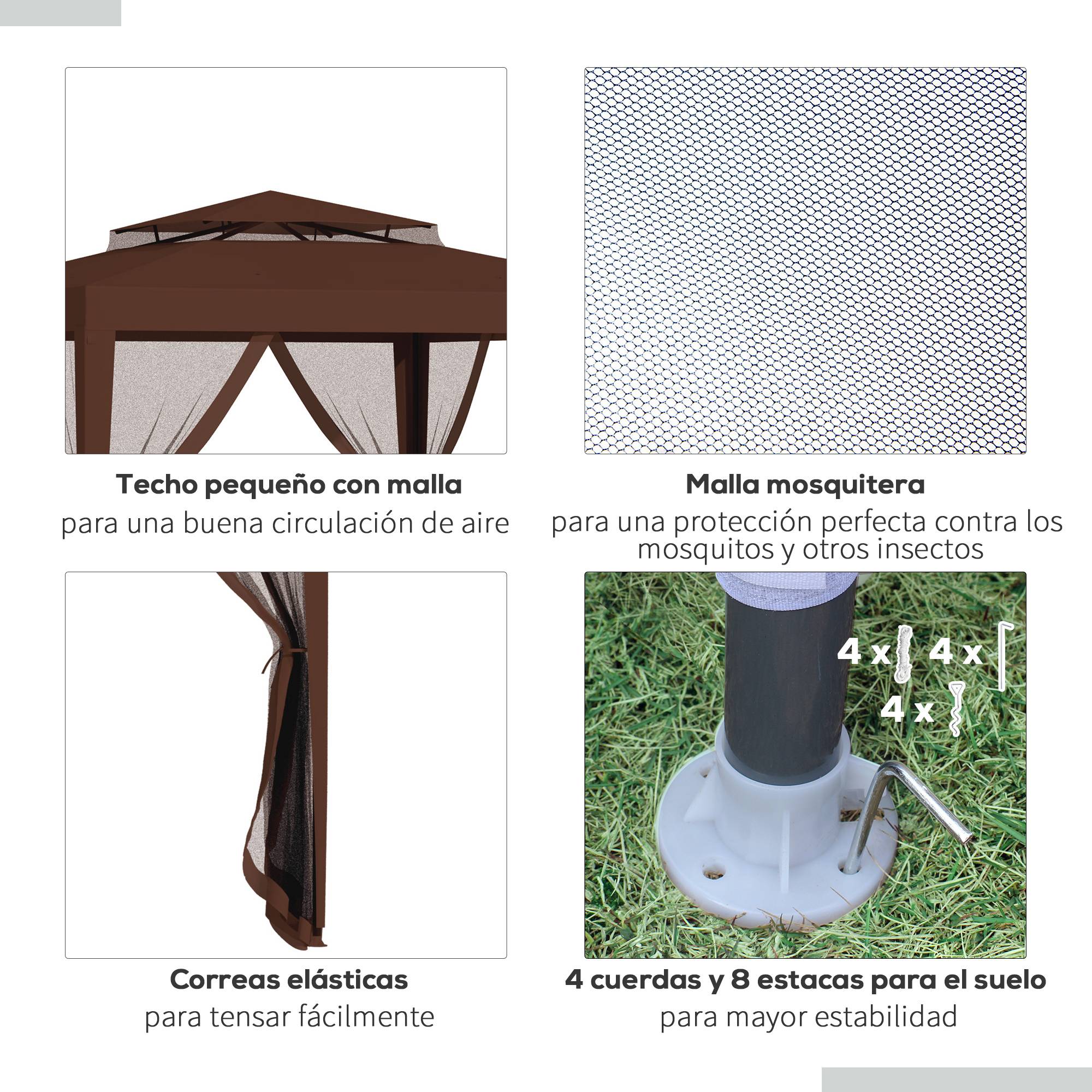 Tonnelle de Jardin 3x3m Acier avec 4 Moustiquaires Double Toit pour Terrasse Marron - ComfortXL Outdoor Living - Image 8