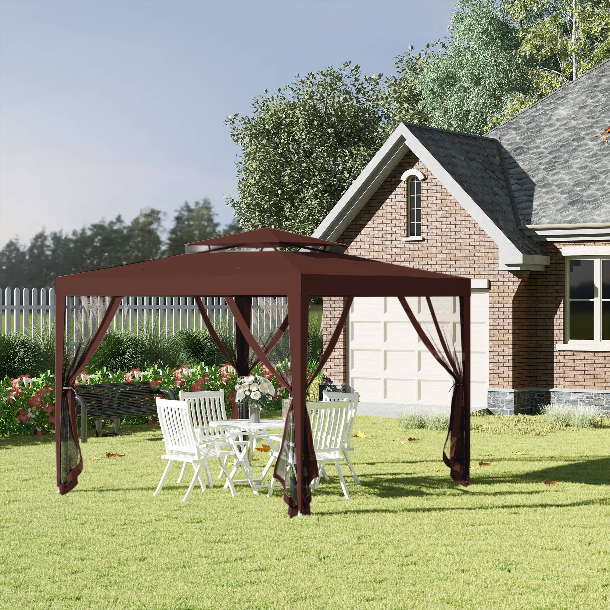 Tonnelle de Jardin 3x3m Acier avec 4 Moustiquaires Double Toit pour Terrasse Marron - ComfortXL Outdoor Living - Image 3