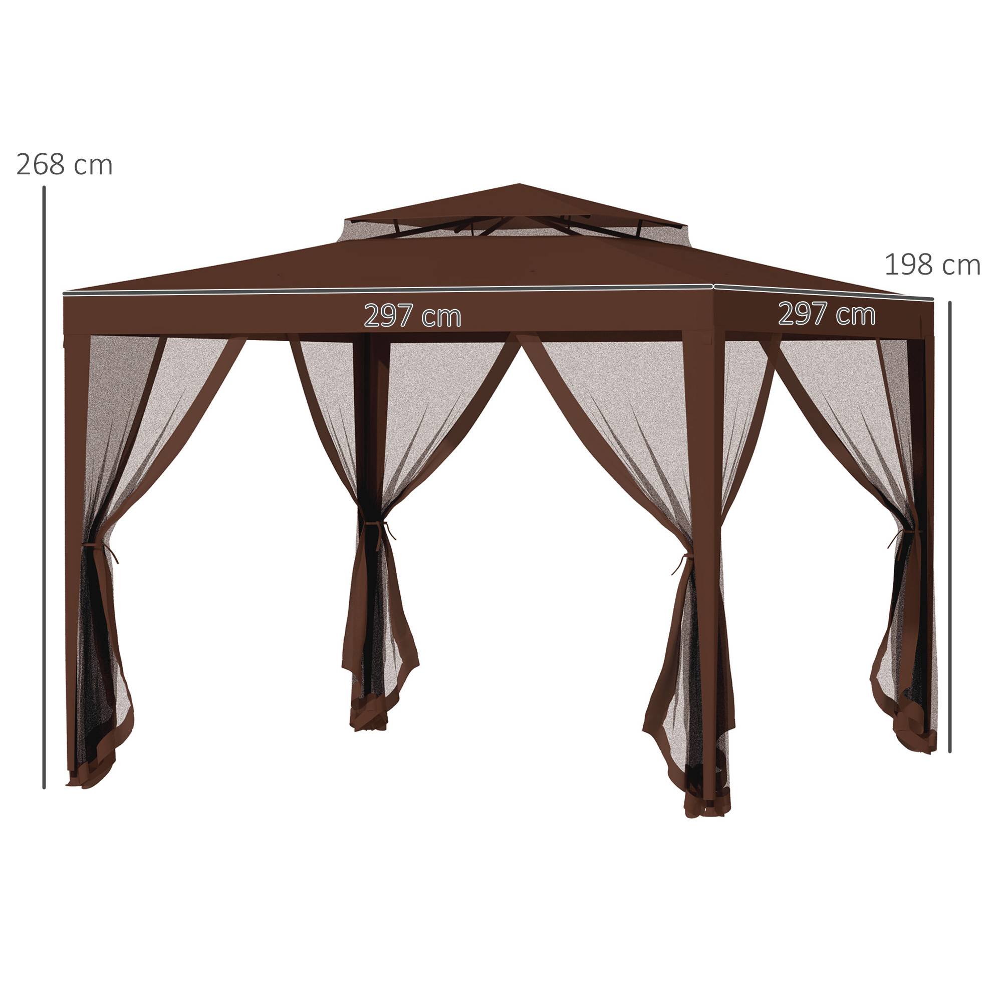 Tonnelle de Jardin 3x3m Acier avec 4 Moustiquaires Double Toit pour Terrasse Marron - ComfortXL Outdoor Living - Image 5