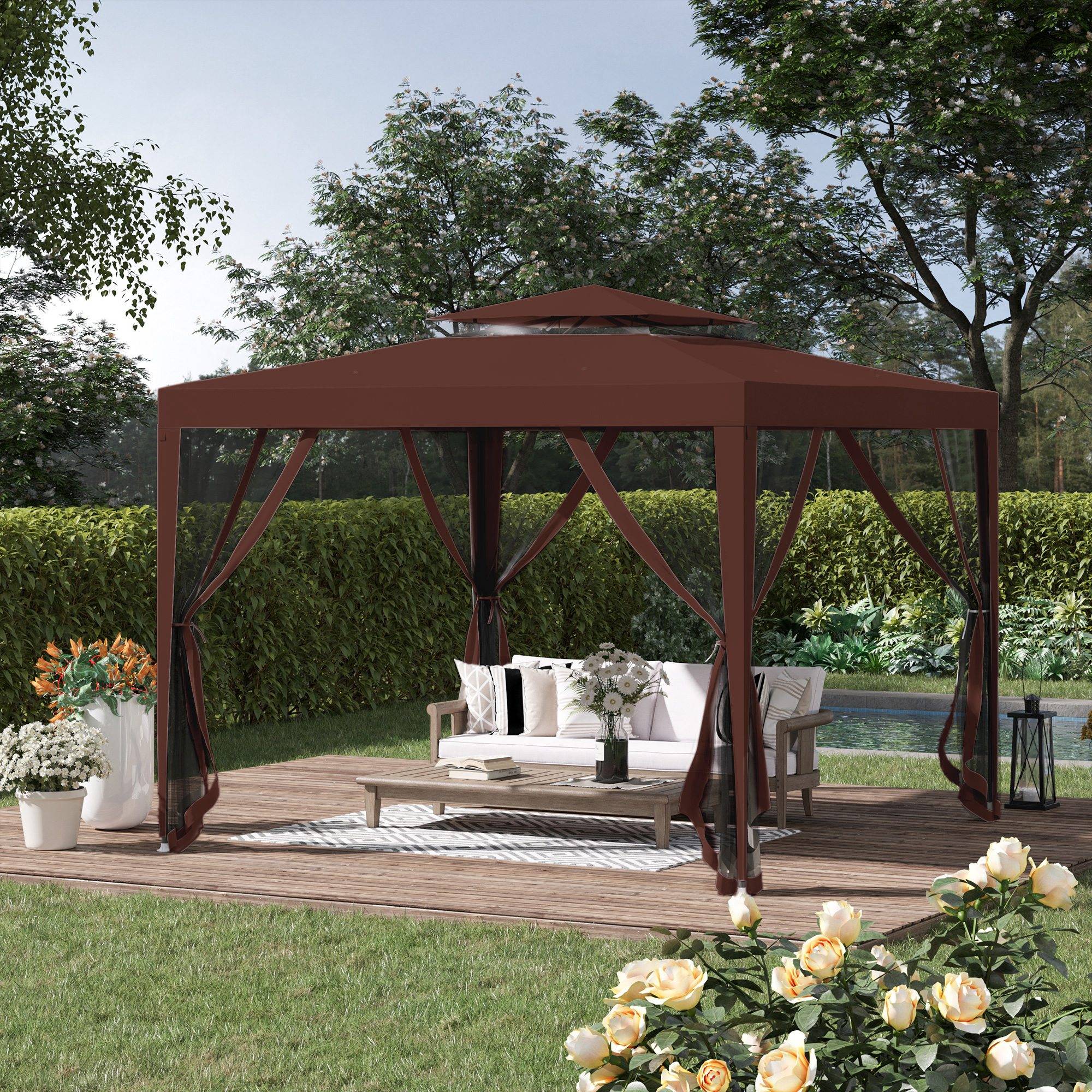 Tonnelle de Jardin 3x3m Acier avec 4 Moustiquaires Double Toit pour Terrasse Marron - ComfortXL Outdoor Living - Image 4