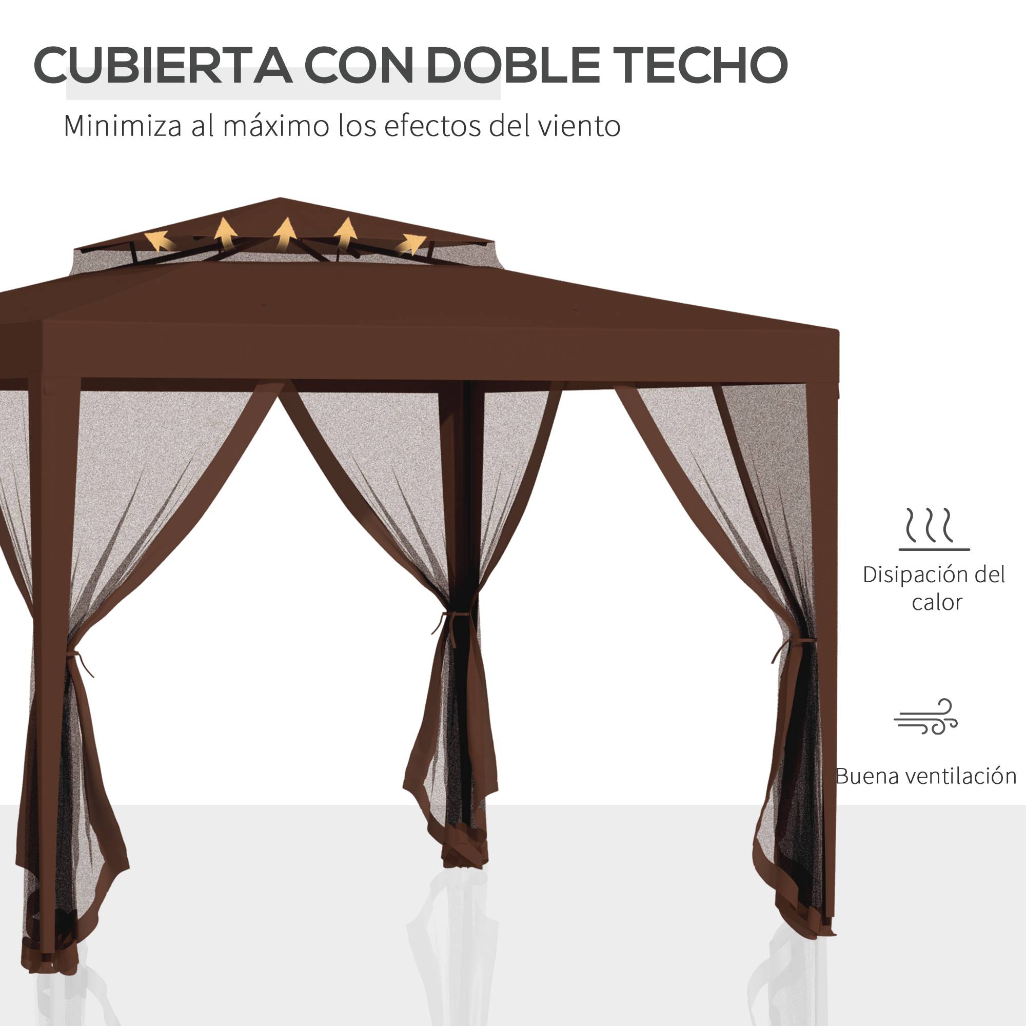 Tonnelle de Jardin 3x3m Acier avec 4 Moustiquaires Double Toit pour Terrasse Marron - ComfortXL Outdoor Living - Image 6