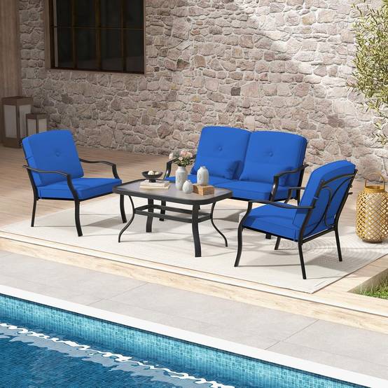 Costway - Salon de Jardin 4 Pièces avec Table Basse en Verre Trempé et Coussins Charge 300KG,Cadre Métallique 4 Places,pour Patio Balcon Terrasse(Bleu) - Image 8