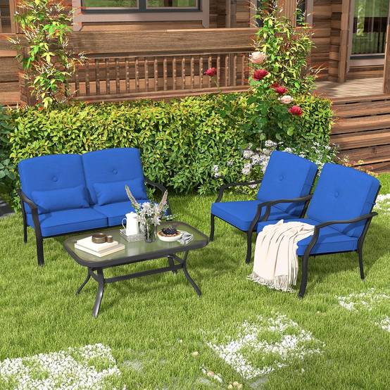 Costway - Salon de Jardin 4 Pièces avec Table Basse en Verre Trempé et Coussins Charge 300KG,Cadre Métallique 4 Places,pour Patio Balcon Terrasse(Bleu) - Image 9