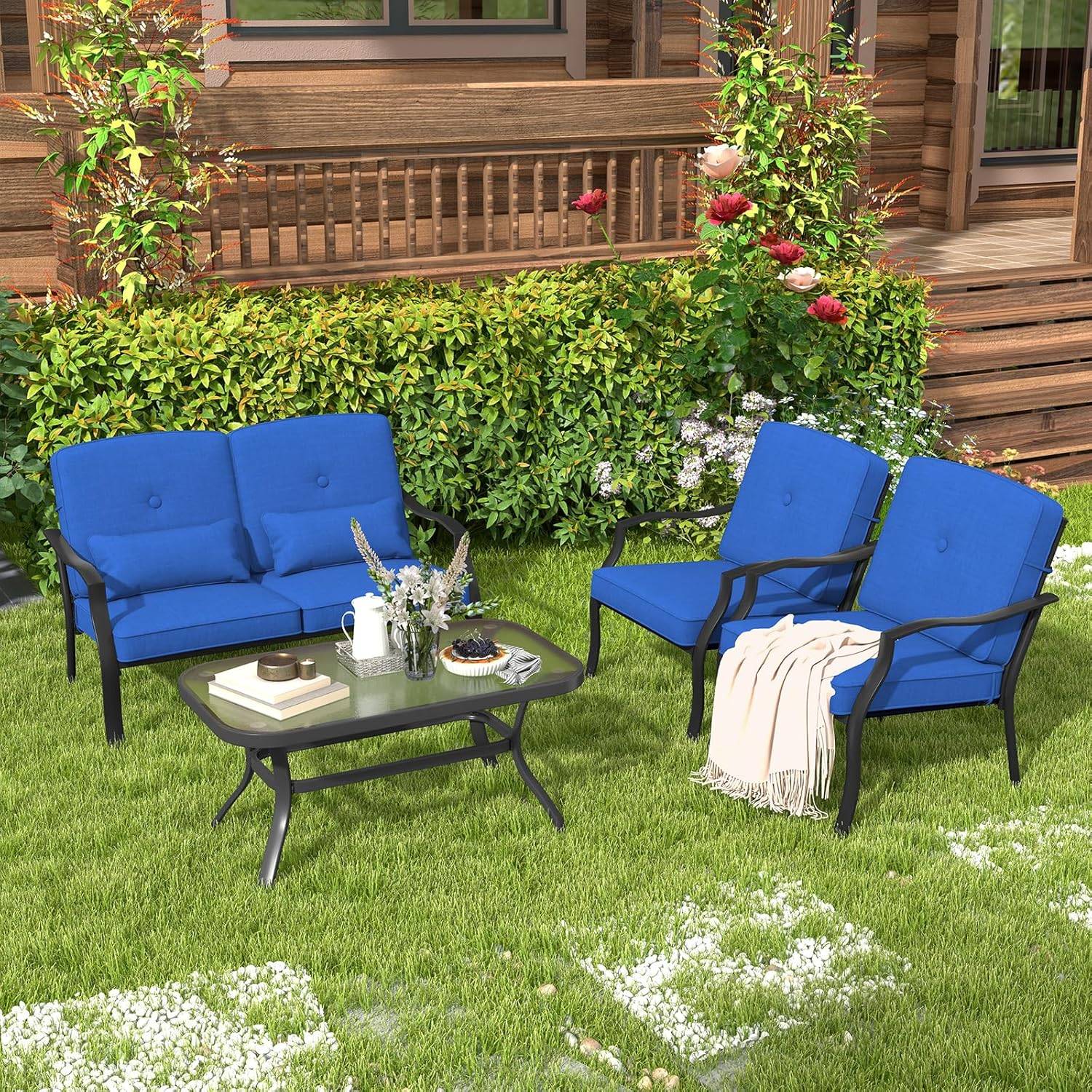 Costway - Salon de Jardin 4 Pièces avec Table Basse en Verre Trempé et Coussins Charge 300KG,Cadre Métallique 4 Places,pour Patio Balcon Terrasse(Bleu) - Image 9