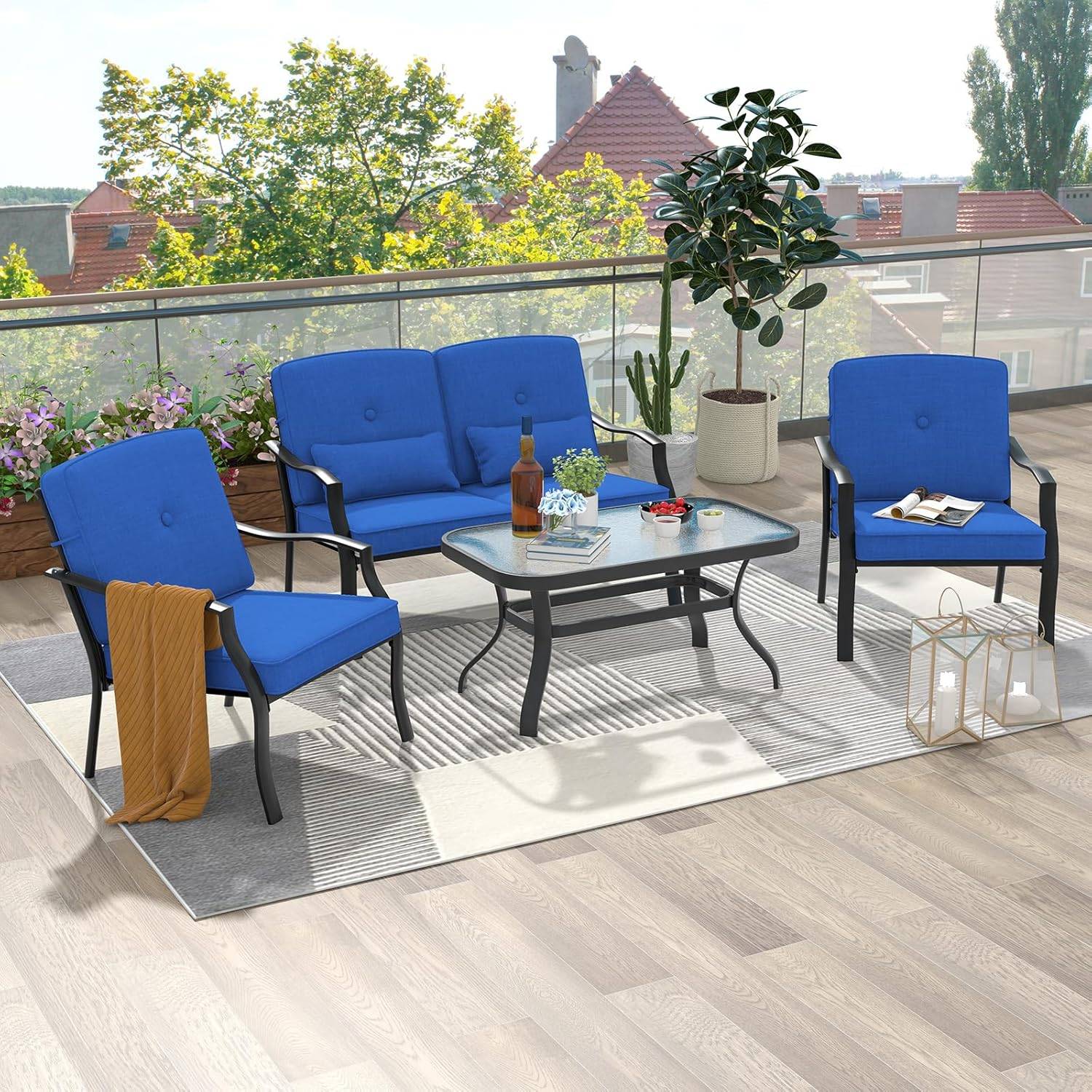 Costway - Salon de Jardin 4 Pièces avec Table Basse en Verre Trempé et Coussins Charge 300KG,Cadre Métallique 4 Places,pour Patio Balcon Terrasse(Bleu) - Image 2
