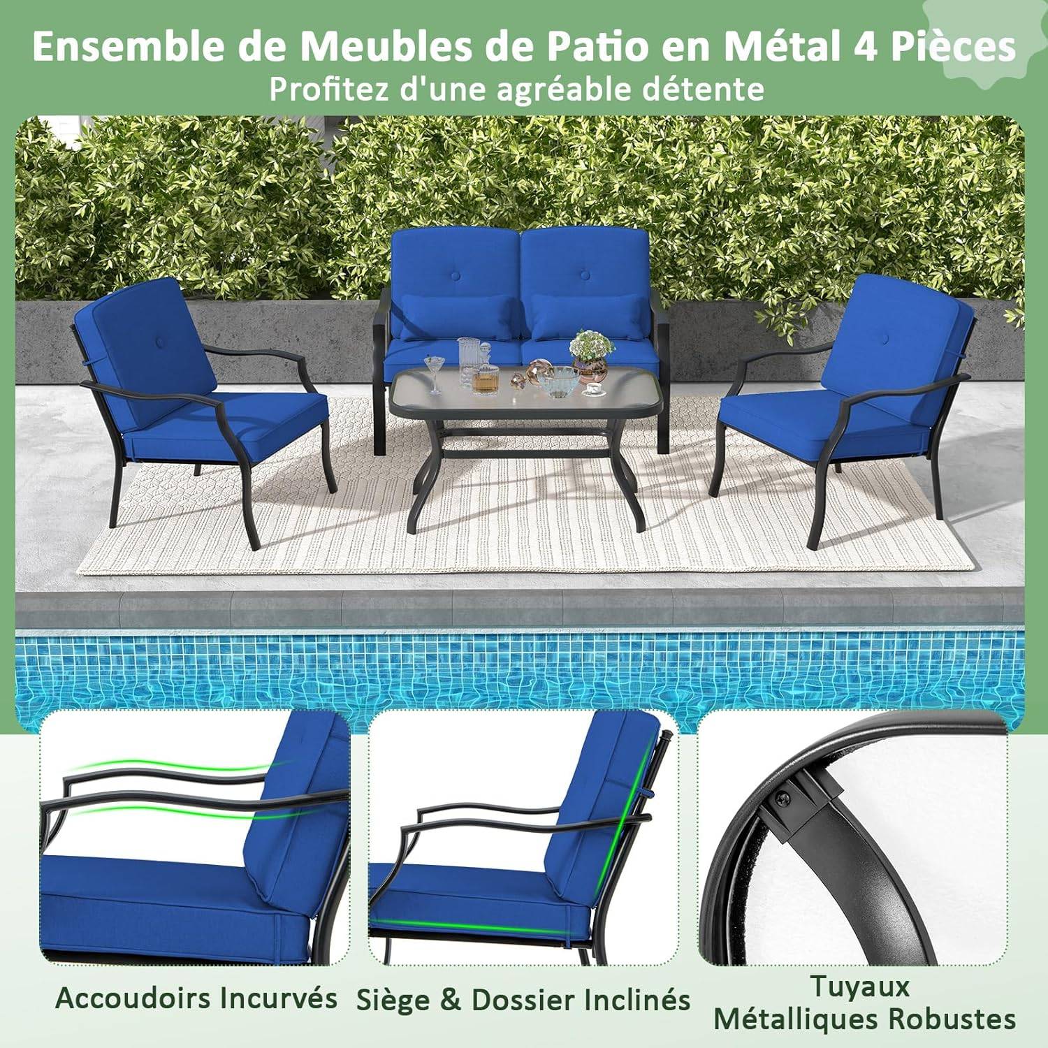 Costway - Salon de Jardin 4 Pièces avec Table Basse en Verre Trempé et Coussins Charge 300KG,Cadre Métallique 4 Places,pour Patio Balcon Terrasse(Bleu) - Image 4