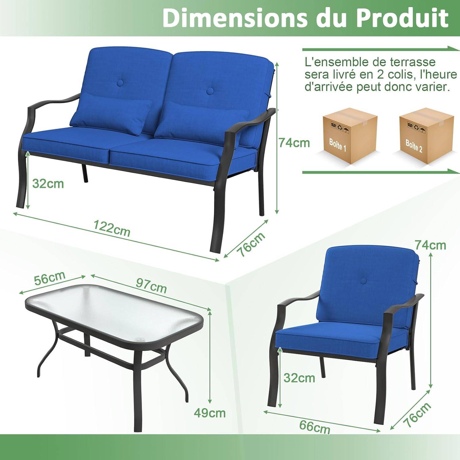 Costway - Salon de Jardin 4 Pièces avec Table Basse en Verre Trempé et Coussins Charge 300KG,Cadre Métallique 4 Places,pour Patio Balcon Terrasse(Bleu) - Image 5