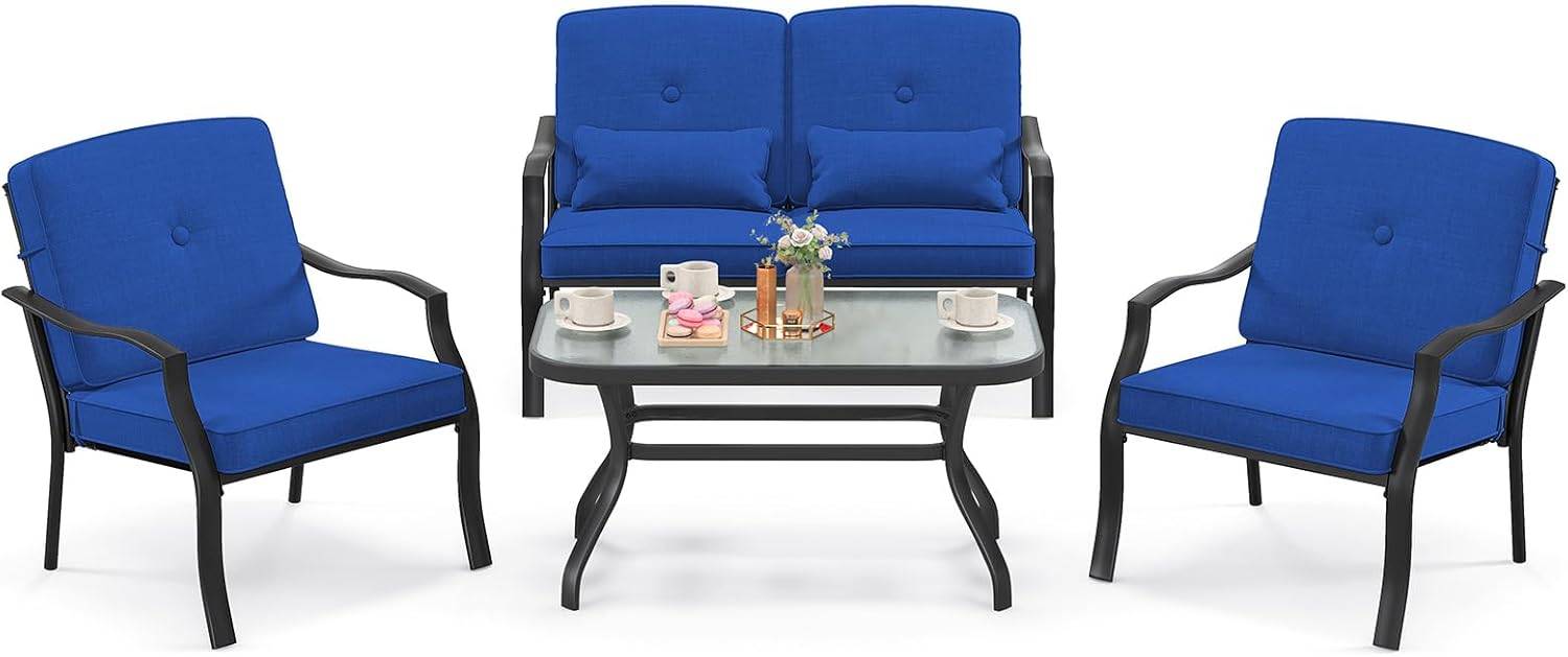 Costway - Salon de Jardin 4 Pièces avec Table Basse en Verre Trempé et Coussins Charge 300KG,Cadre Métallique 4 Places,pour Patio Balcon Terrasse(Bleu) - Image 1