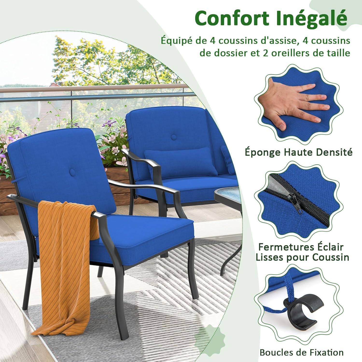 Costway - Salon de Jardin 4 Pièces avec Table Basse en Verre Trempé et Coussins Charge 300KG,Cadre Métallique 4 Places,pour Patio Balcon Terrasse(Bleu) - Image 3