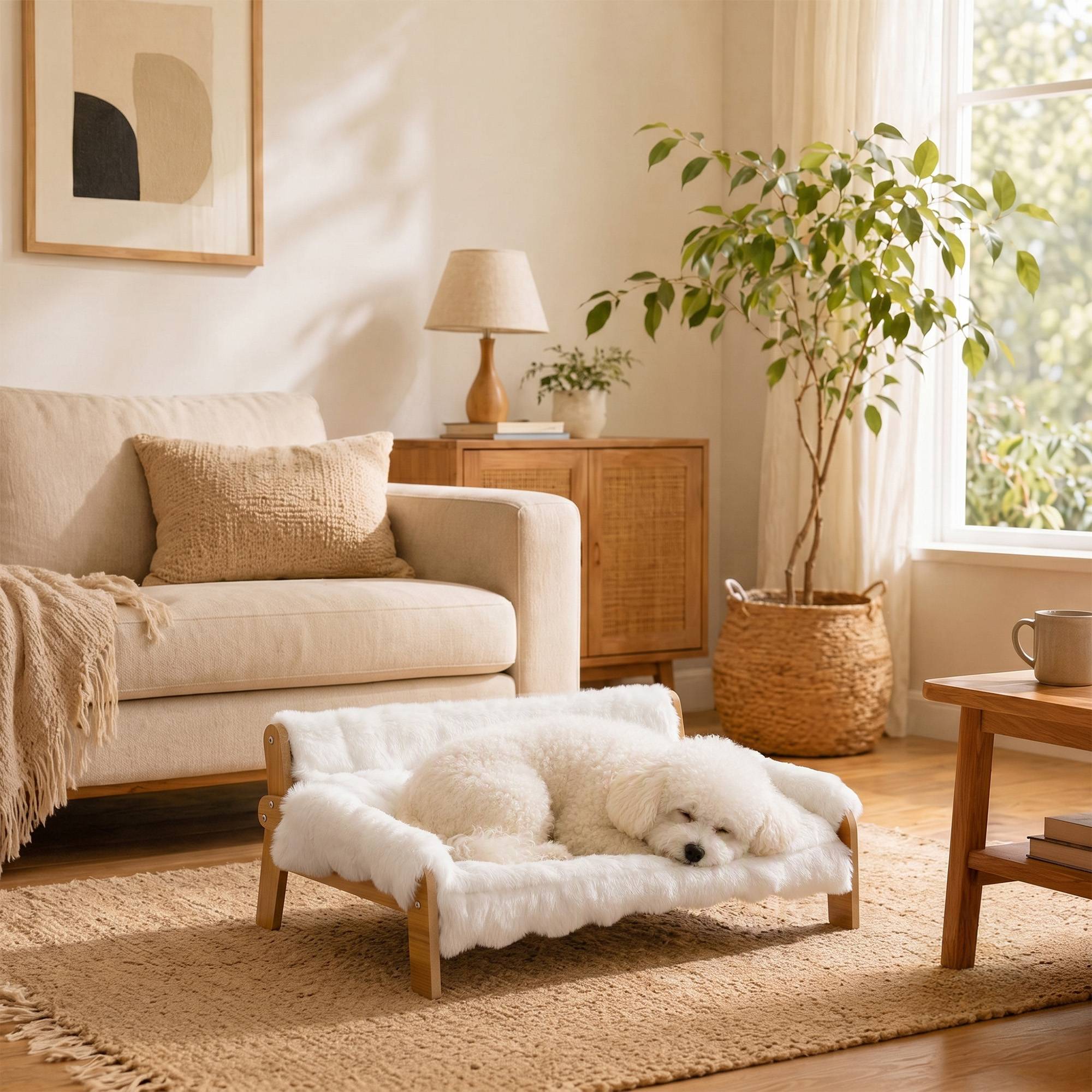 ComfortXL - Lit surélevé chien chat MDF peluche blanche 70 x 47 x 30 cm coussin 5 cm housse amovible antidérapante - Image 8