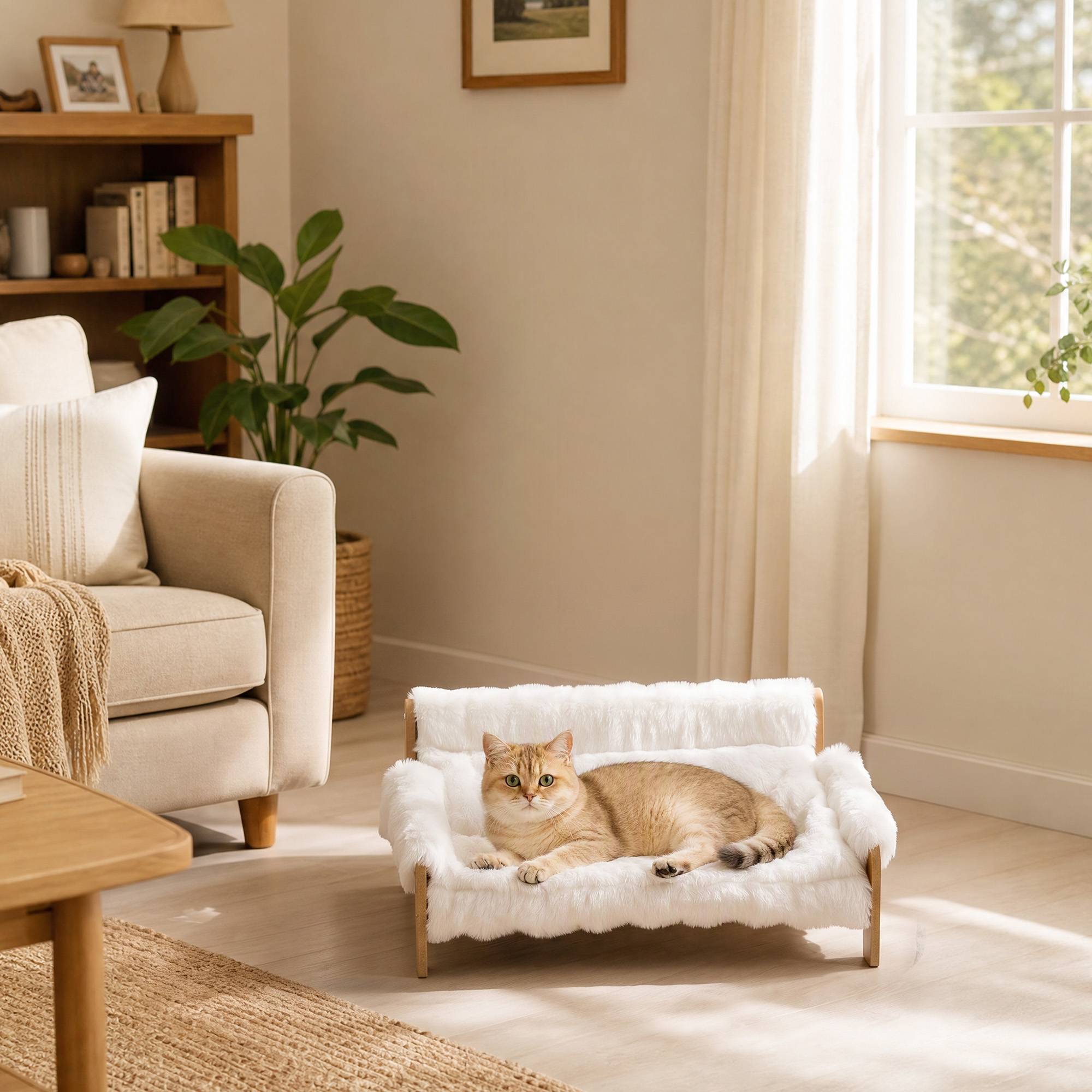 ComfortXL - Lit surélevé chien chat MDF peluche blanche 70 x 47 x 30 cm coussin 5 cm housse amovible antidérapante - Image 9