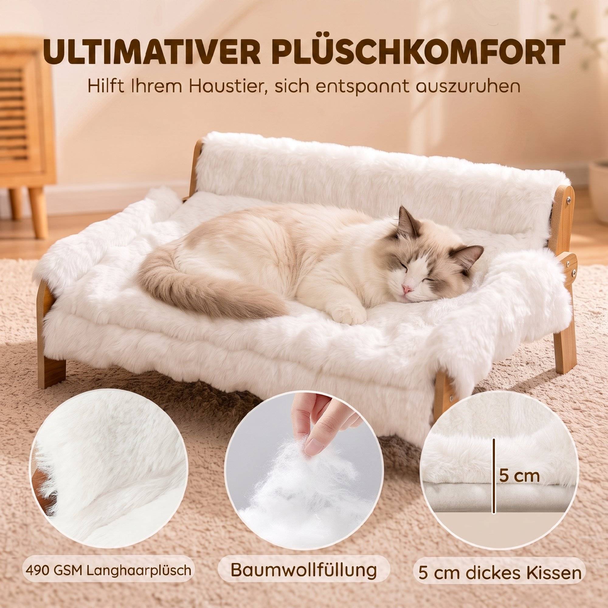 ComfortXL - Lit surélevé chien chat MDF peluche blanche 70 x 47 x 30 cm coussin 5 cm housse amovible antidérapante - Image 5