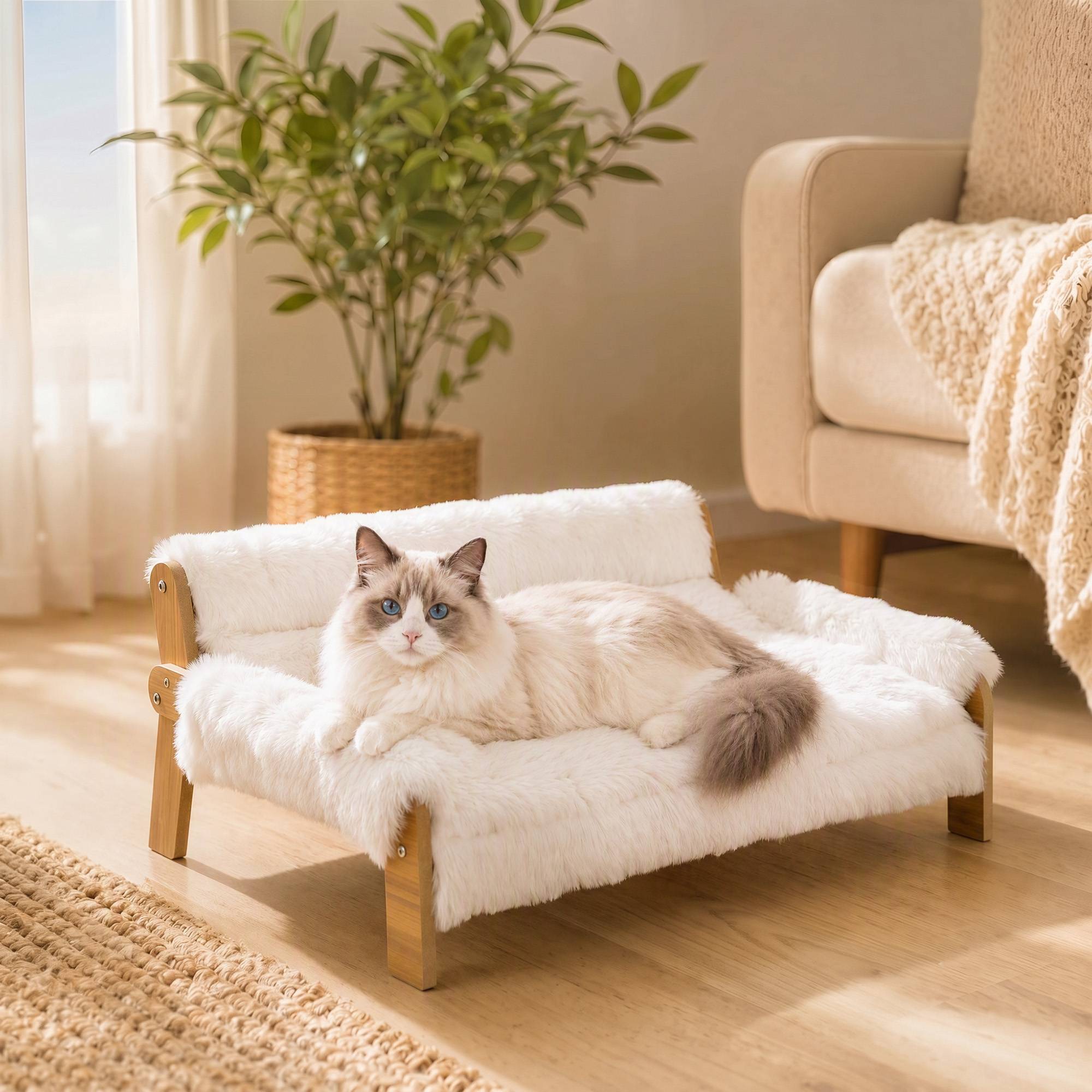 ComfortXL - Lit surélevé chien chat MDF peluche blanche 70 x 47 x 30 cm coussin 5 cm housse amovible antidérapante - Image 1