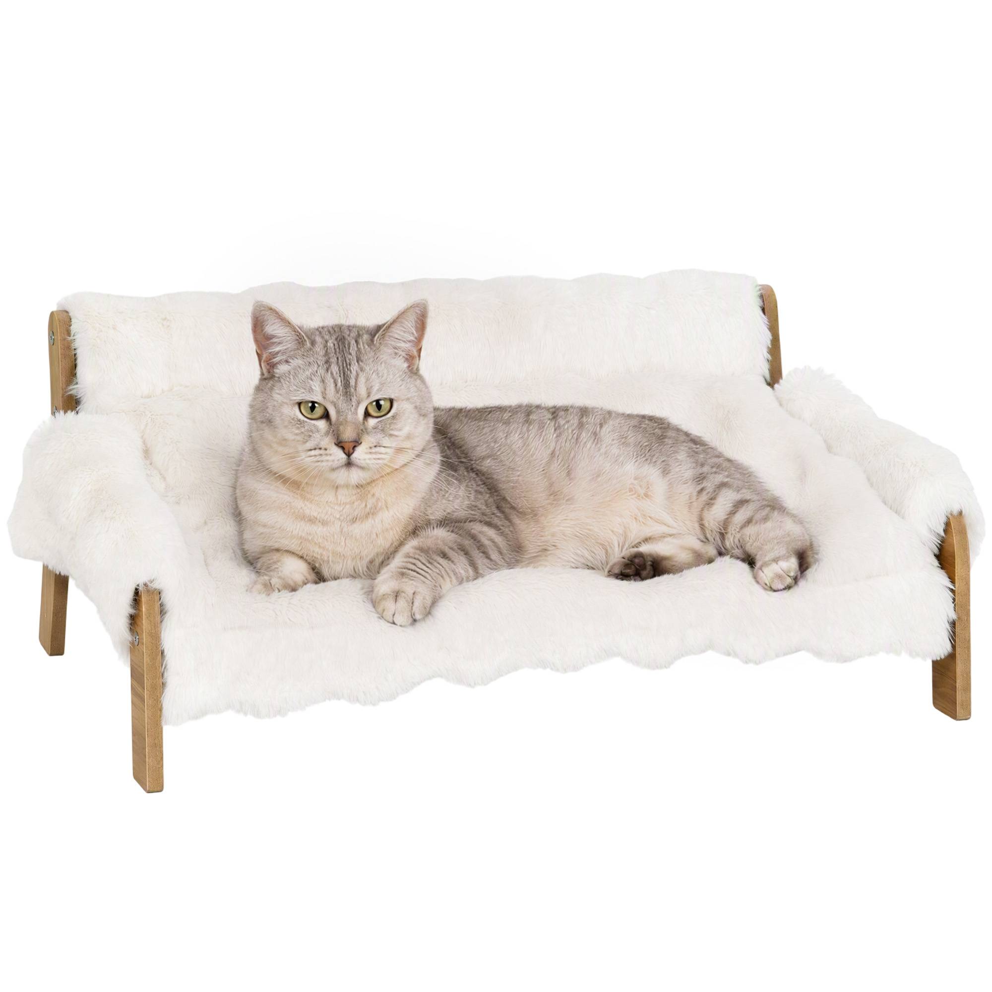 ComfortXL - Lit surélevé chien chat MDF peluche blanche 70 x 47 x 30 cm coussin 5 cm housse amovible antidérapante - Image 2