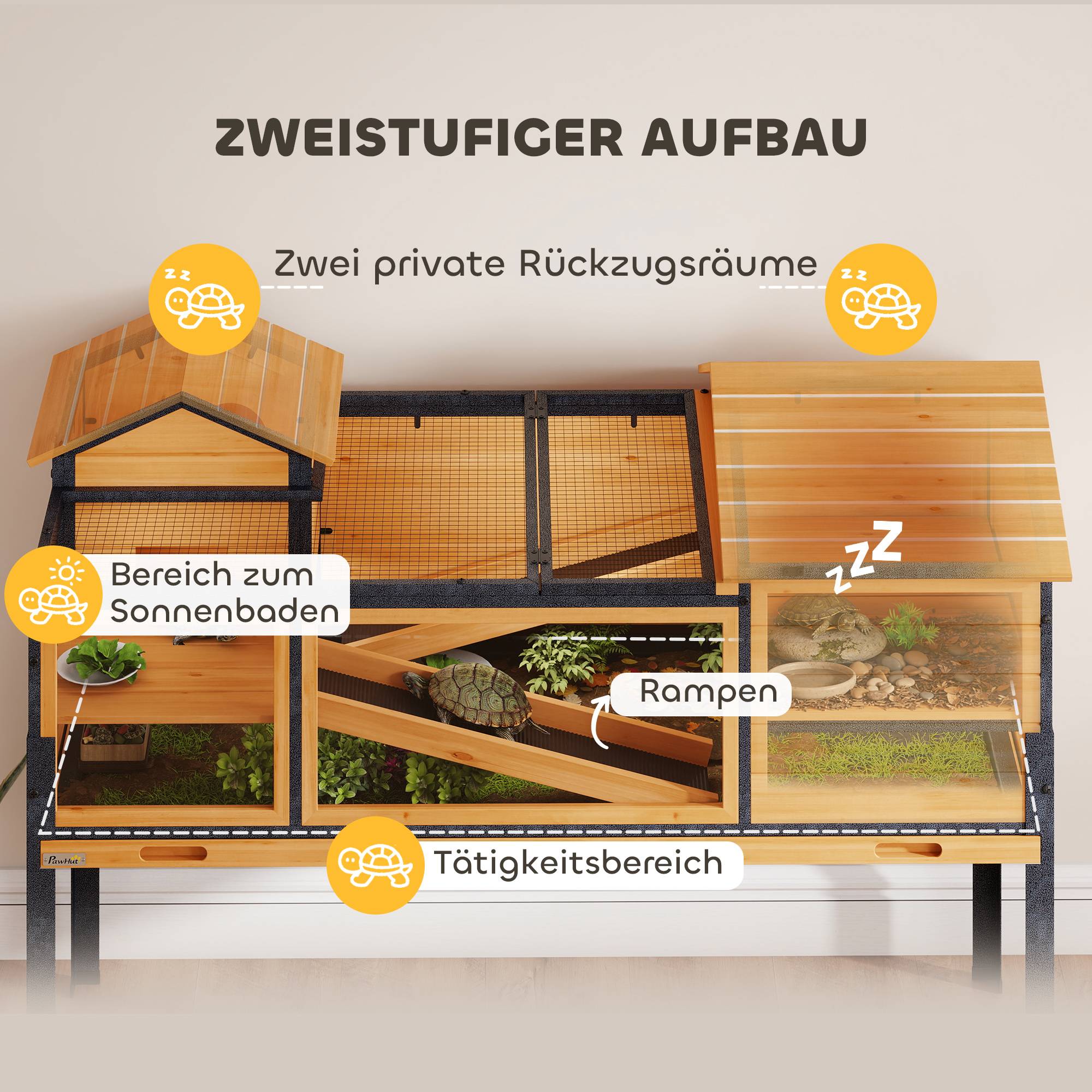 Maison pour tortues, enclos pour petits animaux, 2 compartiments, 2 étages, fenêtres, rampes, accessoires, bois et acier, jaune - Image 6