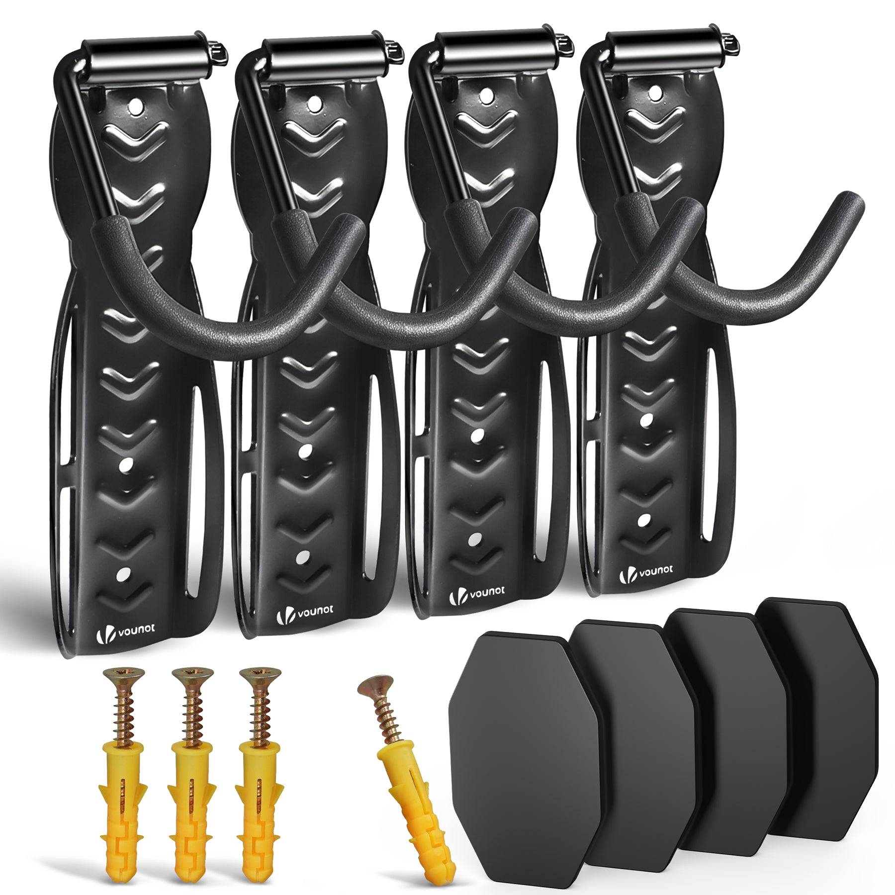 Lot de 4 supports de vélo mural avec coussinets de protection - Crochet de mur - Rangement suspendu en acier pour garage maison - Noir - VOUNOT® - Image 1