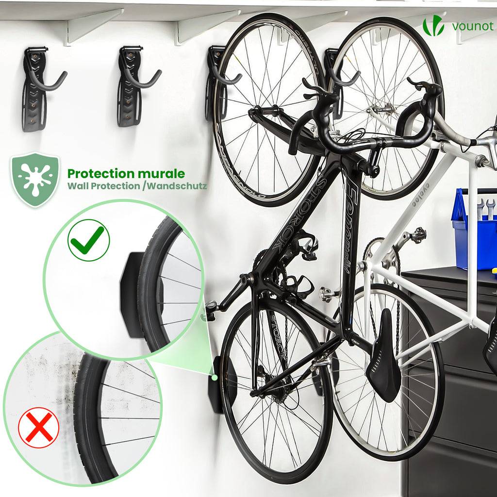 Lot de 4 supports de vélo mural avec coussinets de protection - Crochet de mur - Rangement suspendu en acier pour garage maison - Noir - VOUNOT® - Image 2