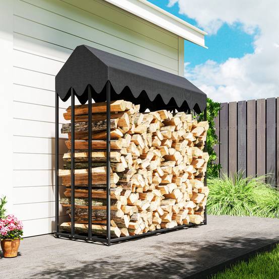 Range bûches extérieur, étagère à bûches avec housse de protection 600D Oxford capacité 1,9 m³, acier 186x70x185cm noir - Image 10