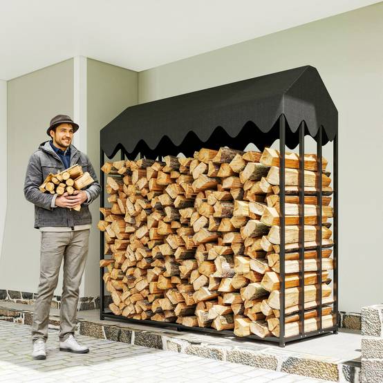 Range bûches extérieur, étagère à bûches avec housse de protection 600D Oxford capacité 1,9 m³, acier 186x70x185cm noir - Image 3