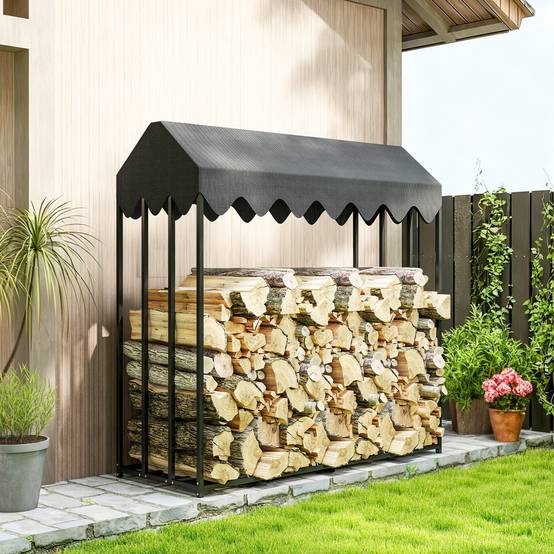 Range bûches extérieur, étagère à bûches avec housse de protection 600D Oxford capacité 1,9 m³, acier 186x70x185cm noir - Image 4