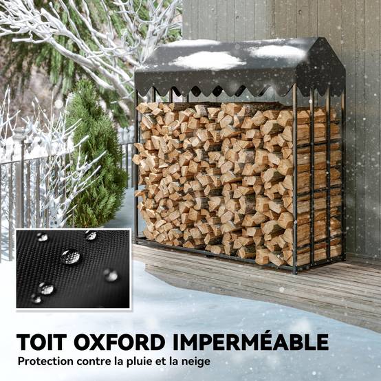 Range bûches extérieur, étagère à bûches avec housse de protection 600D Oxford capacité 1,9 m³, acier 186x70x185cm noir - Image 7
