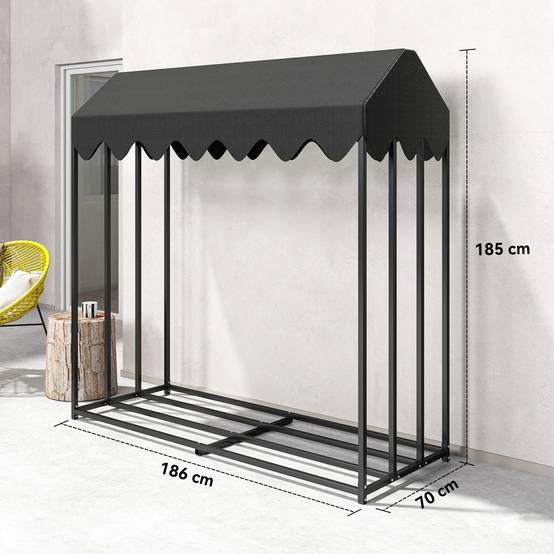 Range bûches extérieur, étagère à bûches avec housse de protection 600D Oxford capacité 1,9 m³, acier 186x70x185cm noir - Image 5