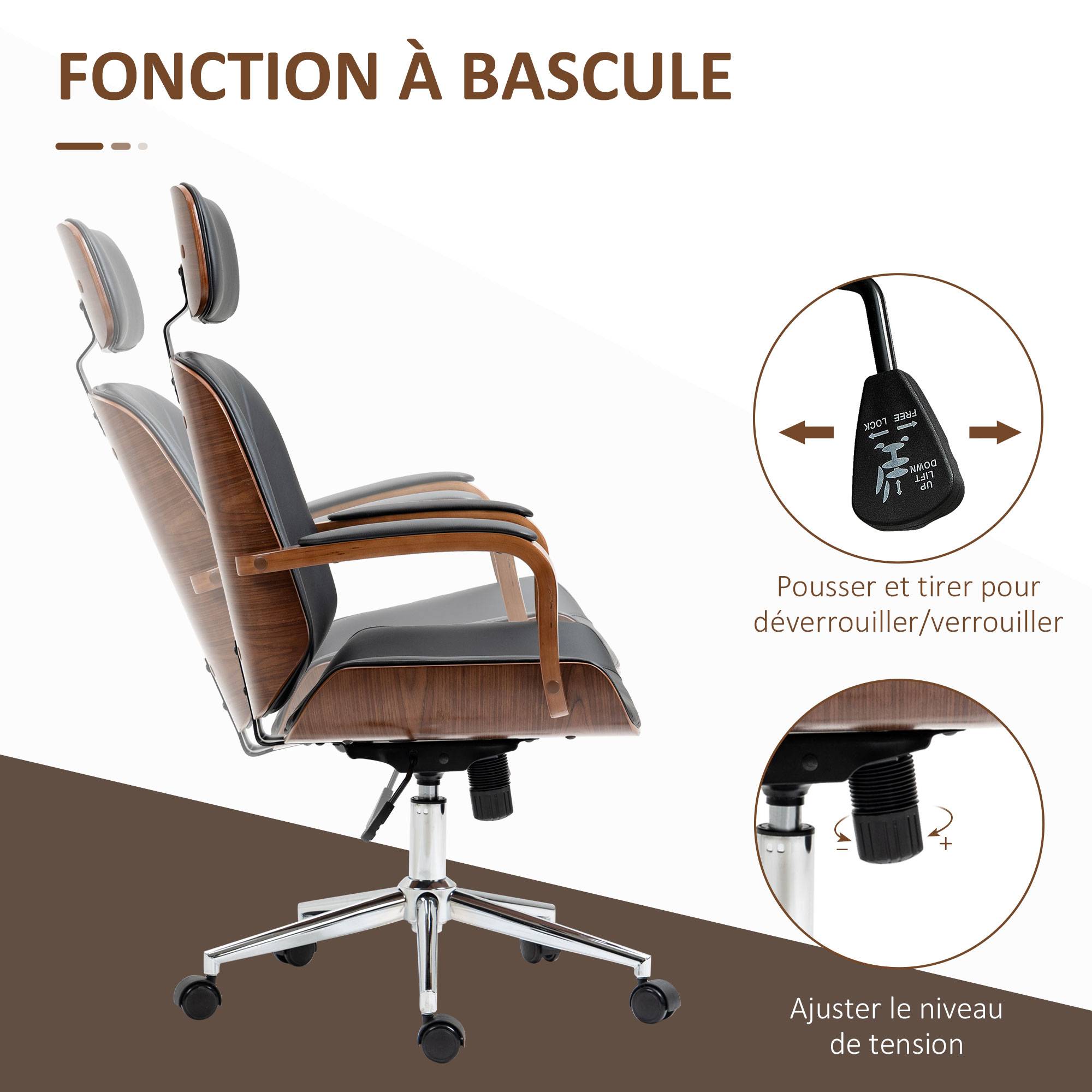 Sans Marque - Fauteuil de bureau, chaise de bureau avec appui-tête amovible hauteur réglable et fonction de bascule, 66x65x125cm, noir - Image 7