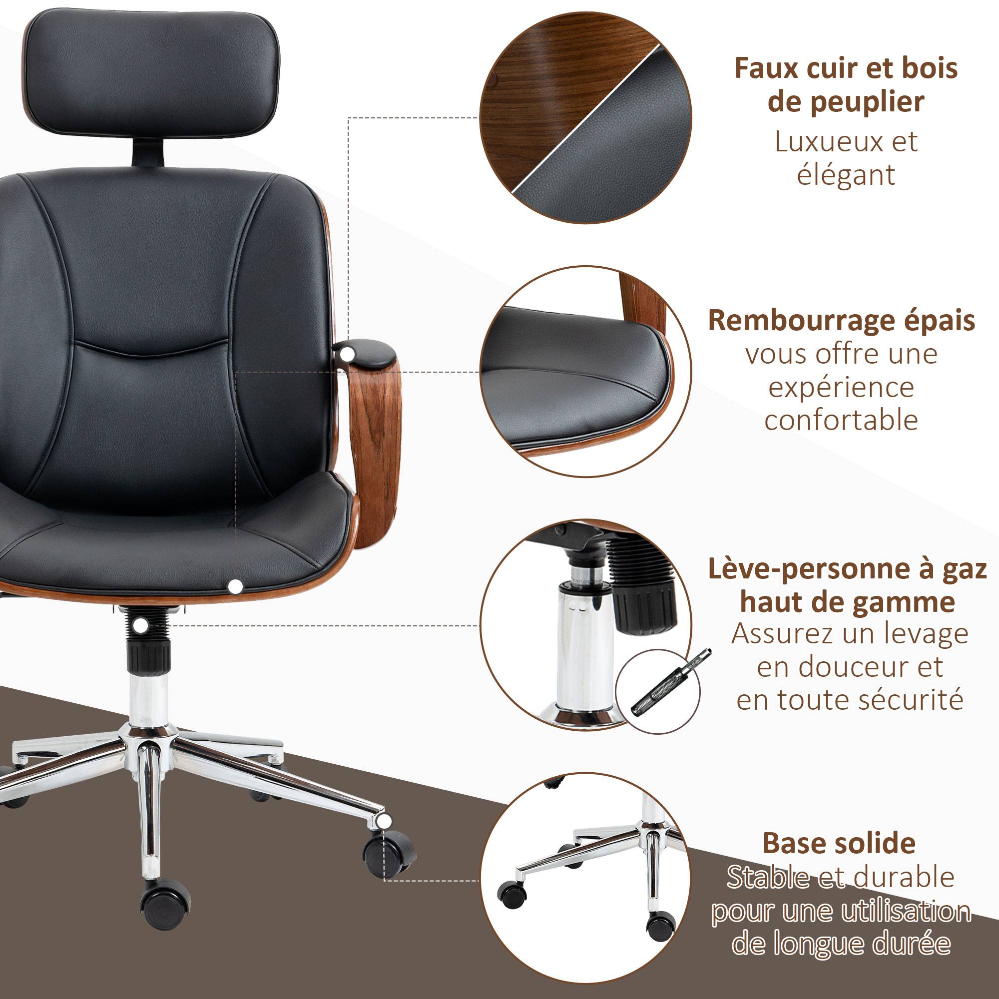 Sans Marque - Fauteuil de bureau, chaise de bureau avec appui-tête amovible hauteur réglable et fonction de bascule, 66x65x125cm, noir - Image 9