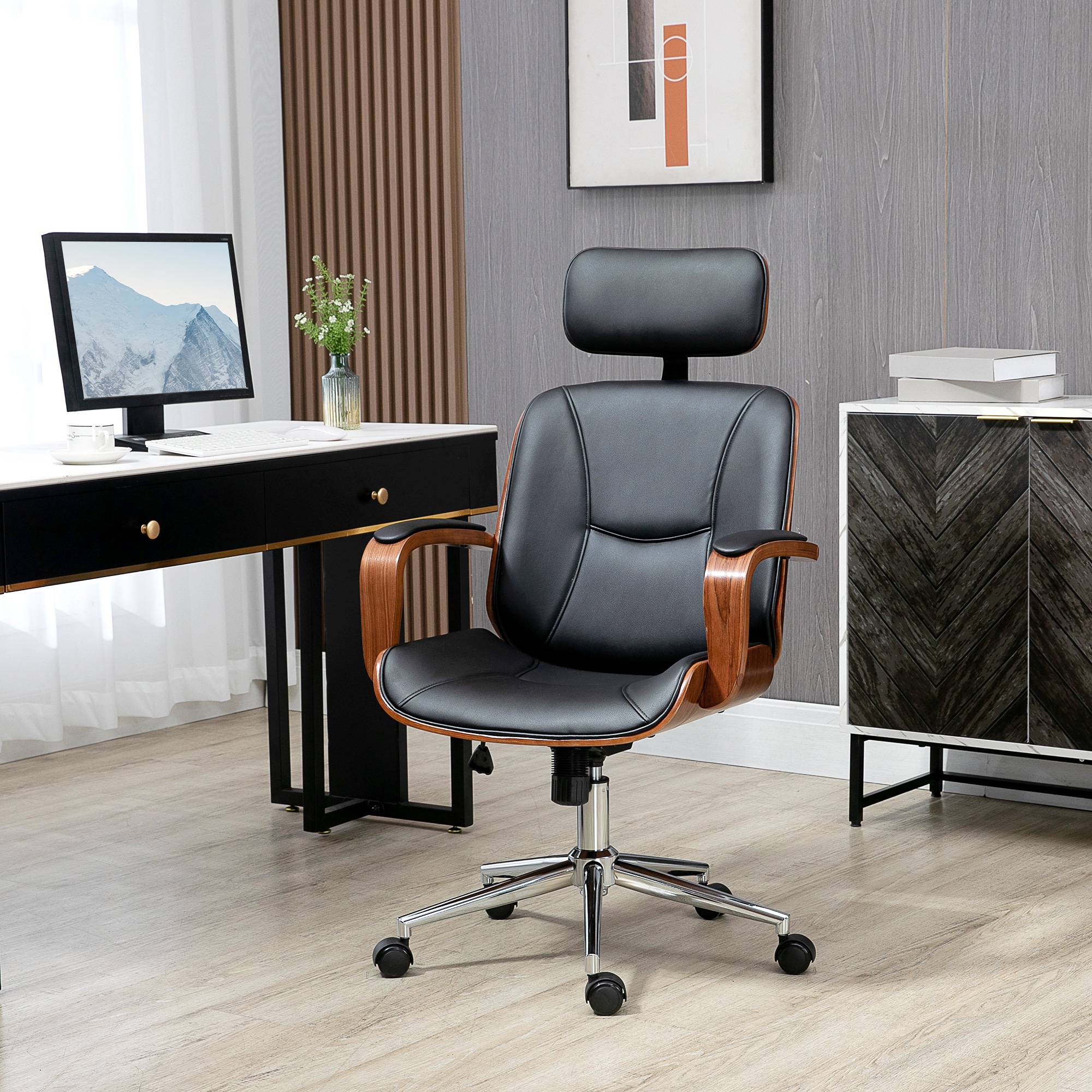 Sans Marque - Fauteuil de bureau, chaise de bureau avec appui-tête amovible hauteur réglable et fonction de bascule, 66x65x125cm, noir - Image 3