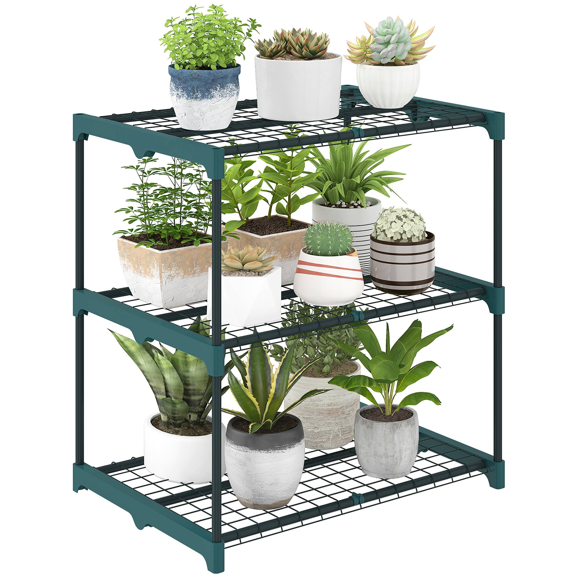 Etagère Plantes Acier Balcon Jardin Support Floral 3 Niveaux 68x49x72cm Vert Foncé - ComfortXL Outdoor Living - Image 1