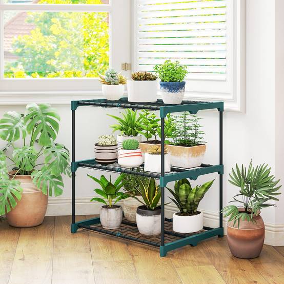 Etagère Plantes Acier Balcon Jardin Support Floral 3 Niveaux 68x49x72cm Vert Foncé - ComfortXL Outdoor Living - Image 3