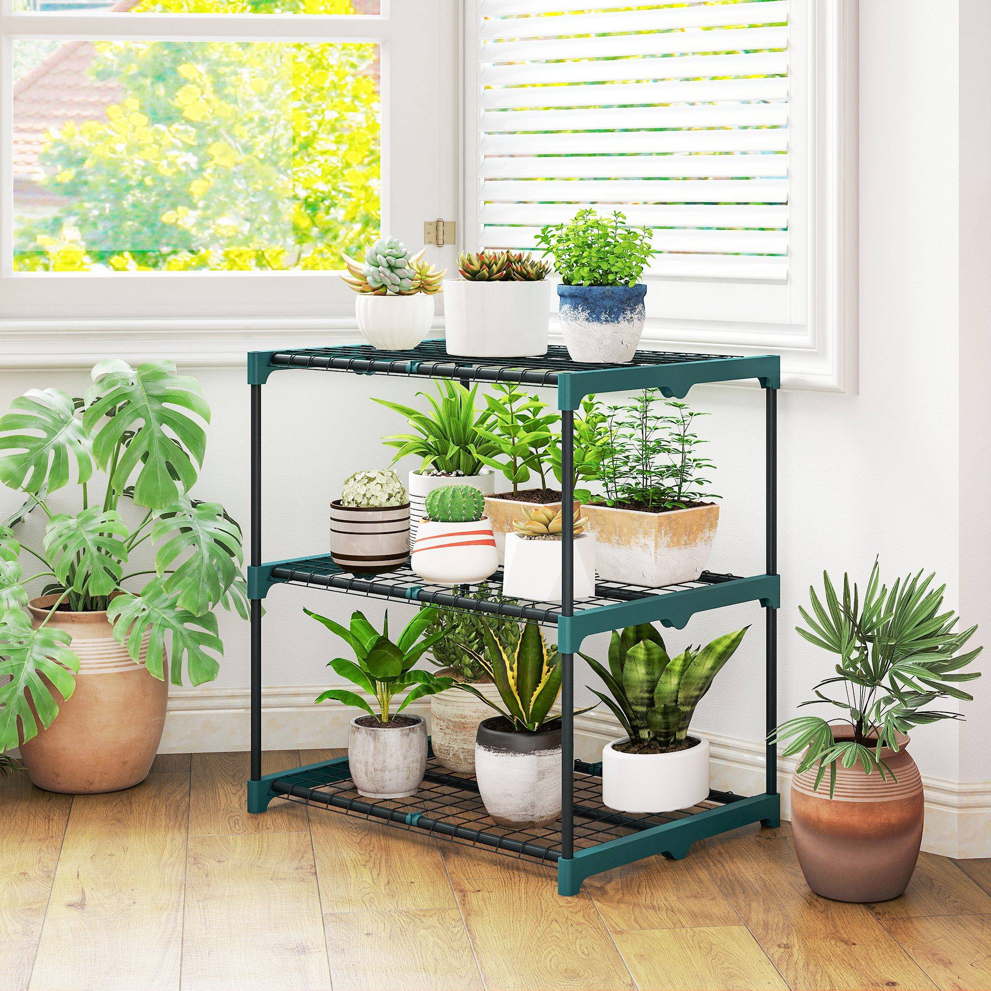 Etagère Plantes Acier Balcon Jardin Support Floral 3 Niveaux 68x49x72cm Vert Foncé - ComfortXL Outdoor Living - Image 3