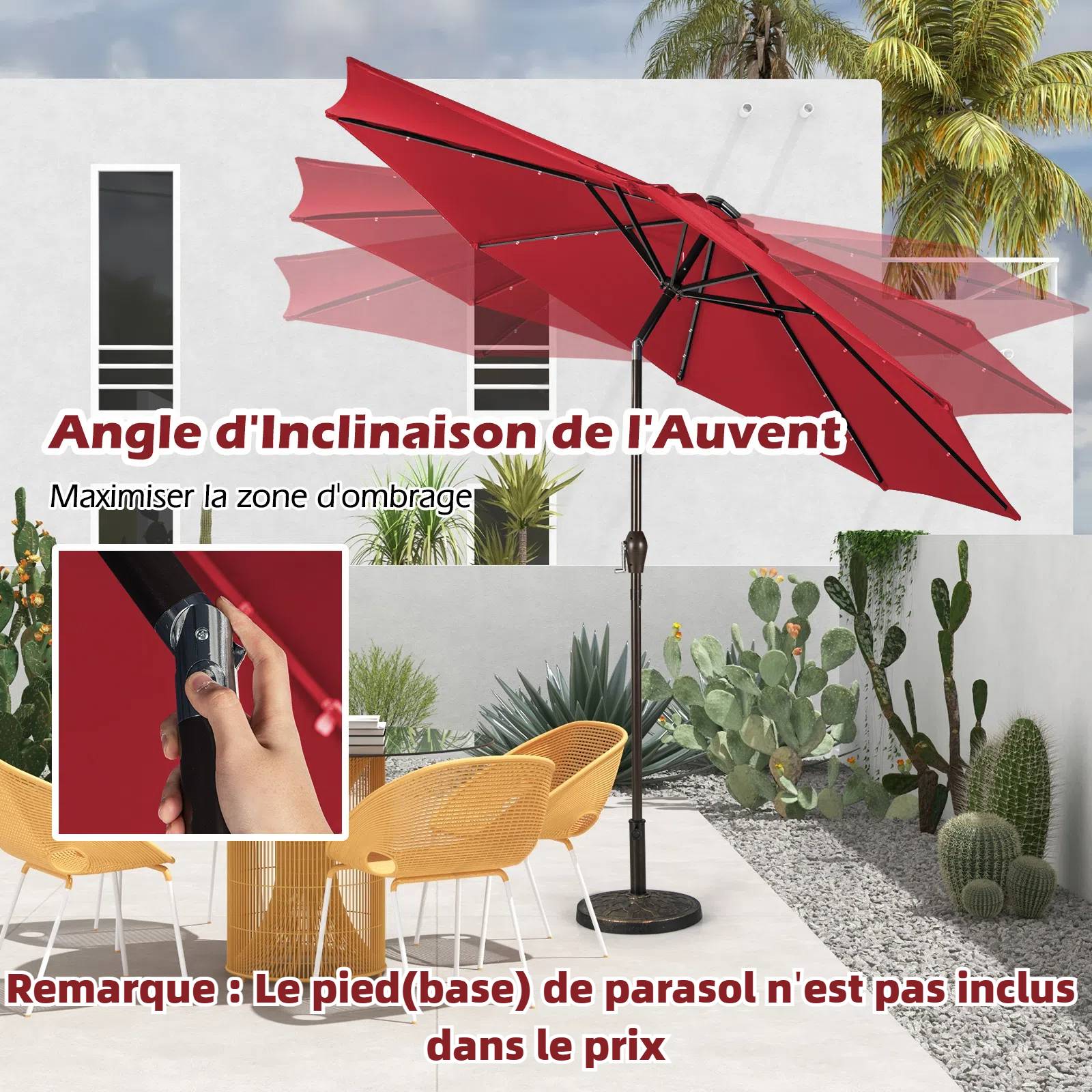 Costway - Parasol de Jardin Exterieur 3M, Parasol Inclinable 8 Baleines, Lumineux Solaire 24 LED, Manivelle, Anti-UV, Grand Parasol en Métal, Rouge - Image 4