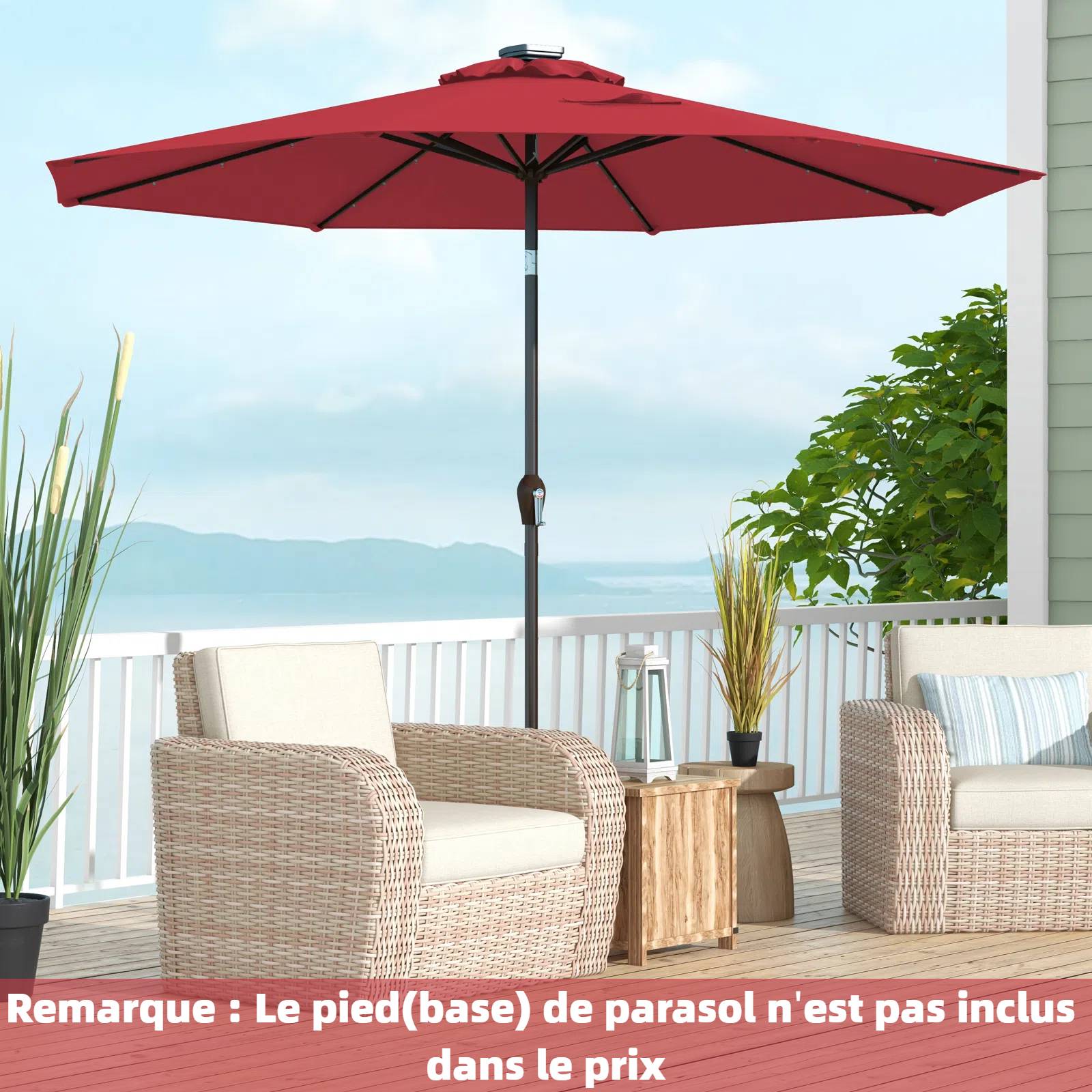 Costway - Parasol de Jardin Exterieur 3M, Parasol Inclinable 8 Baleines, Lumineux Solaire 24 LED, Manivelle, Anti-UV, Grand Parasol en Métal, Rouge - Image 2