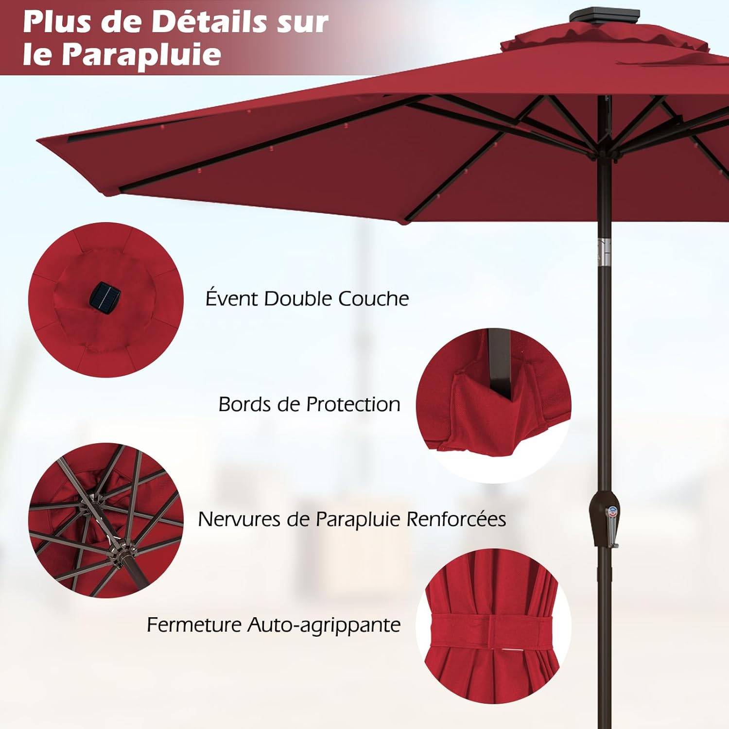 Costway - Parasol de Jardin Exterieur 3M, Parasol Inclinable 8 Baleines, Lumineux Solaire 24 LED, Manivelle, Anti-UV, Grand Parasol en Métal, Rouge - Image 7