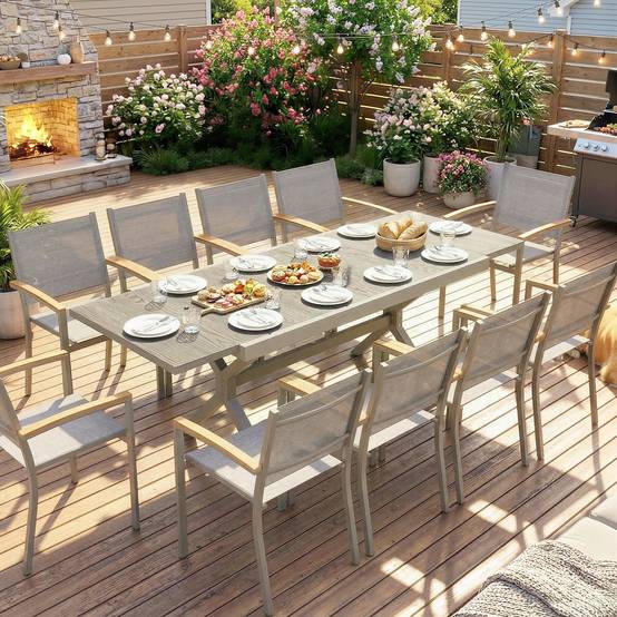 Table à manger extérieure extensible 154/214 cm pour 8-10 personnes aluminium acier, plateau imitation bois gris - Image 10