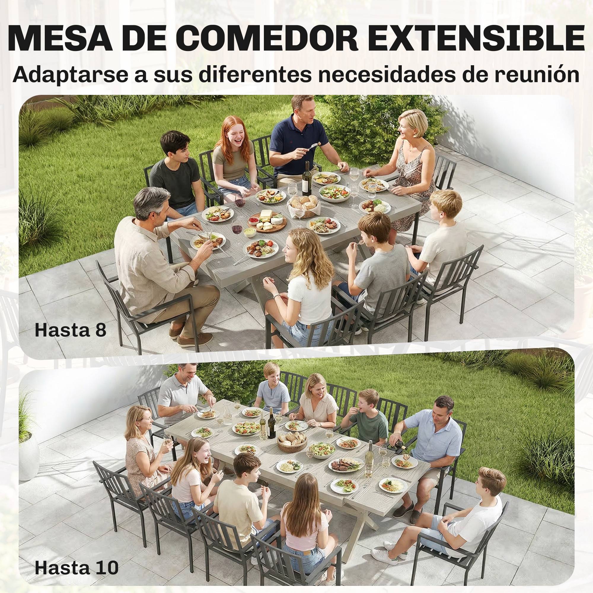 Table à manger extérieure extensible 154/214 cm pour 8-10 personnes aluminium acier, plateau imitation bois gris - Image 6