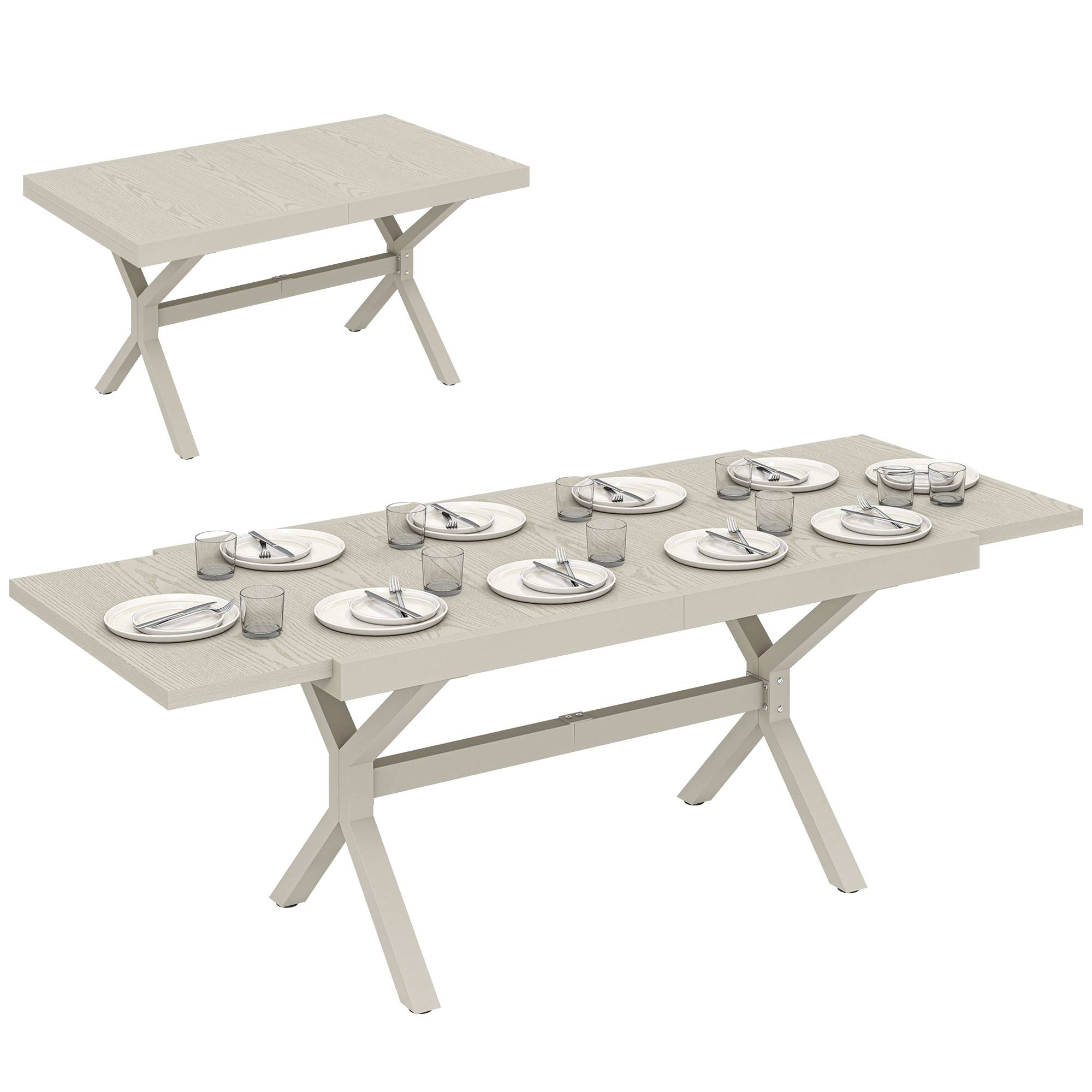 Table à manger extérieure extensible 154/214 cm pour 8-10 personnes aluminium acier, plateau imitation bois gris - Image 1
