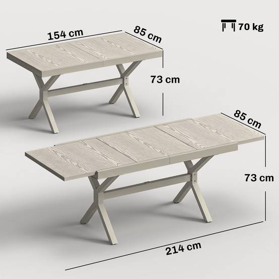 Table à manger extérieure extensible 154/214 cm pour 8-10 personnes aluminium acier, plateau imitation bois gris - Image 5