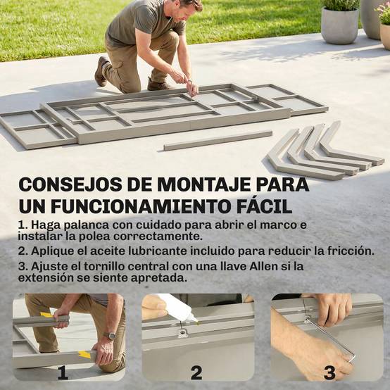 Table à manger extérieure extensible 154/214 cm pour 8-10 personnes aluminium acier, plateau imitation bois gris - Image 9